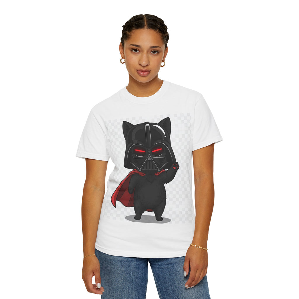 White graphic t-shirt featuring a black cat dressed as Darth Vader, holding a lightsaber.