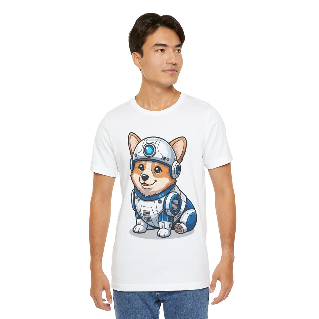 Corgi R2-D2 t-shirt featuring a cartoon corgi in a droid costume on a white background, worn by a model.