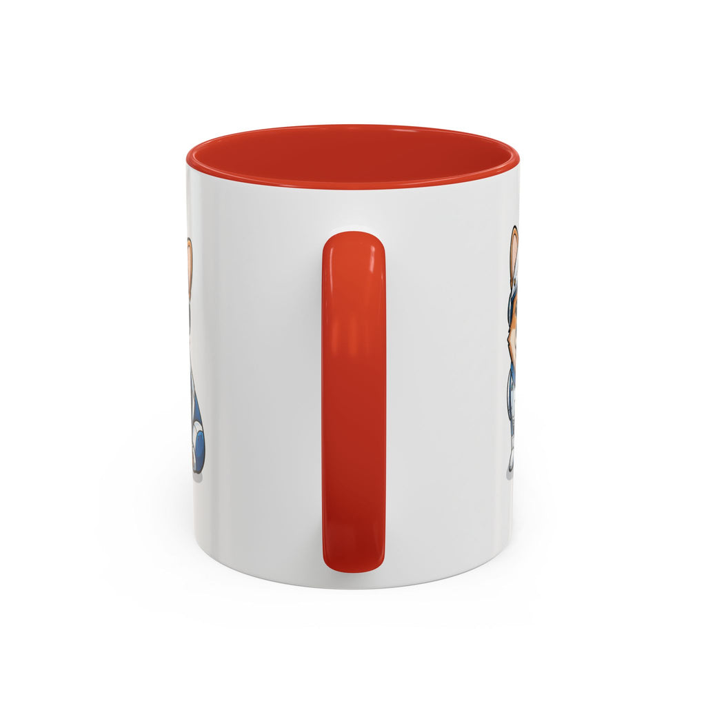 Corgi R2-D2 coffee mug with a red handle and interior, featuring a cartoon corgi design on both sides.