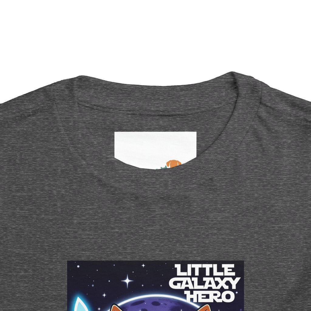 Little Galaxy Hero kids t-shirt in dark gray featuring a cartoon space puppy design with stars and planets.