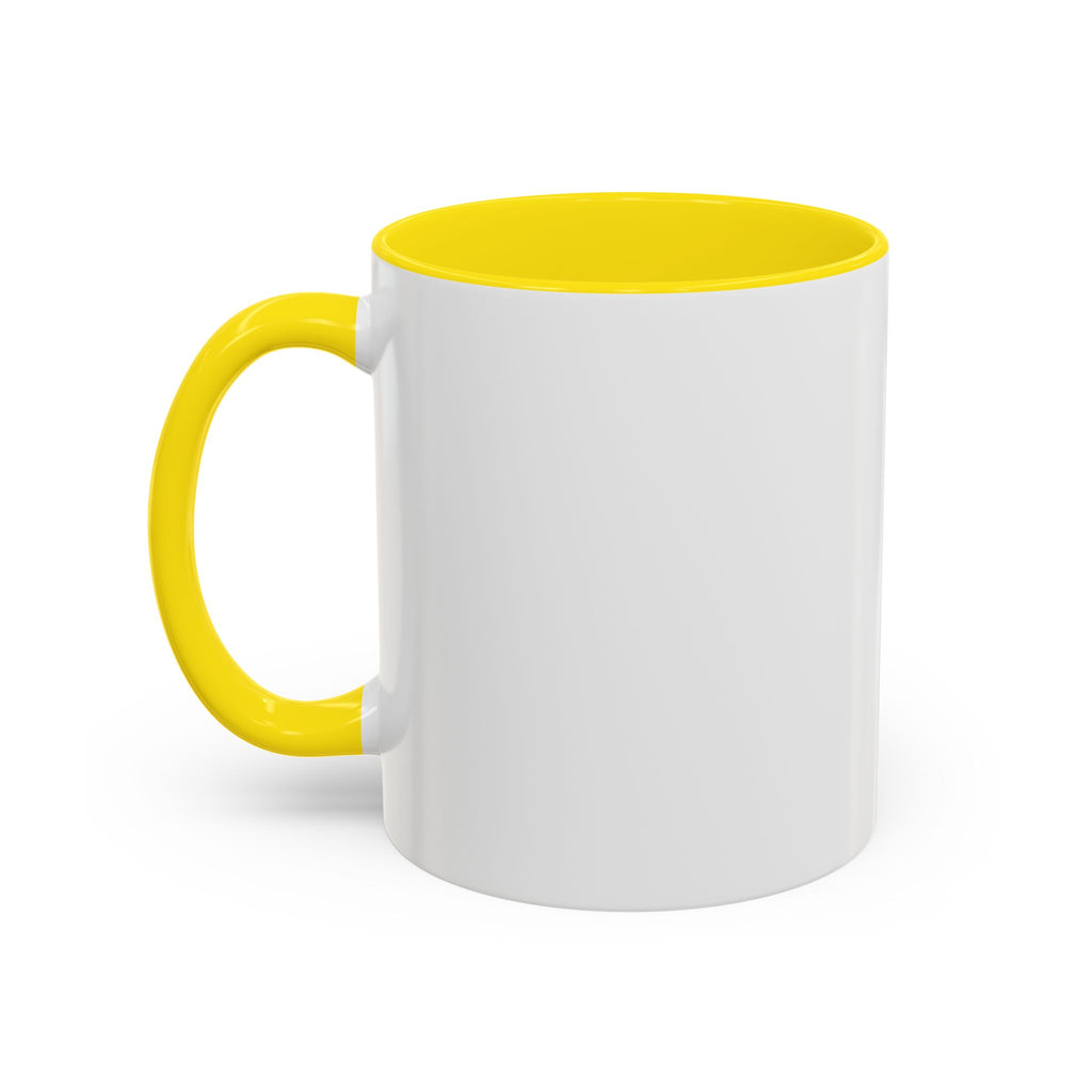White mug with a yellow interior and handle, featuring a funny dog in a suit design. Available in 11oz and 15oz sizes.