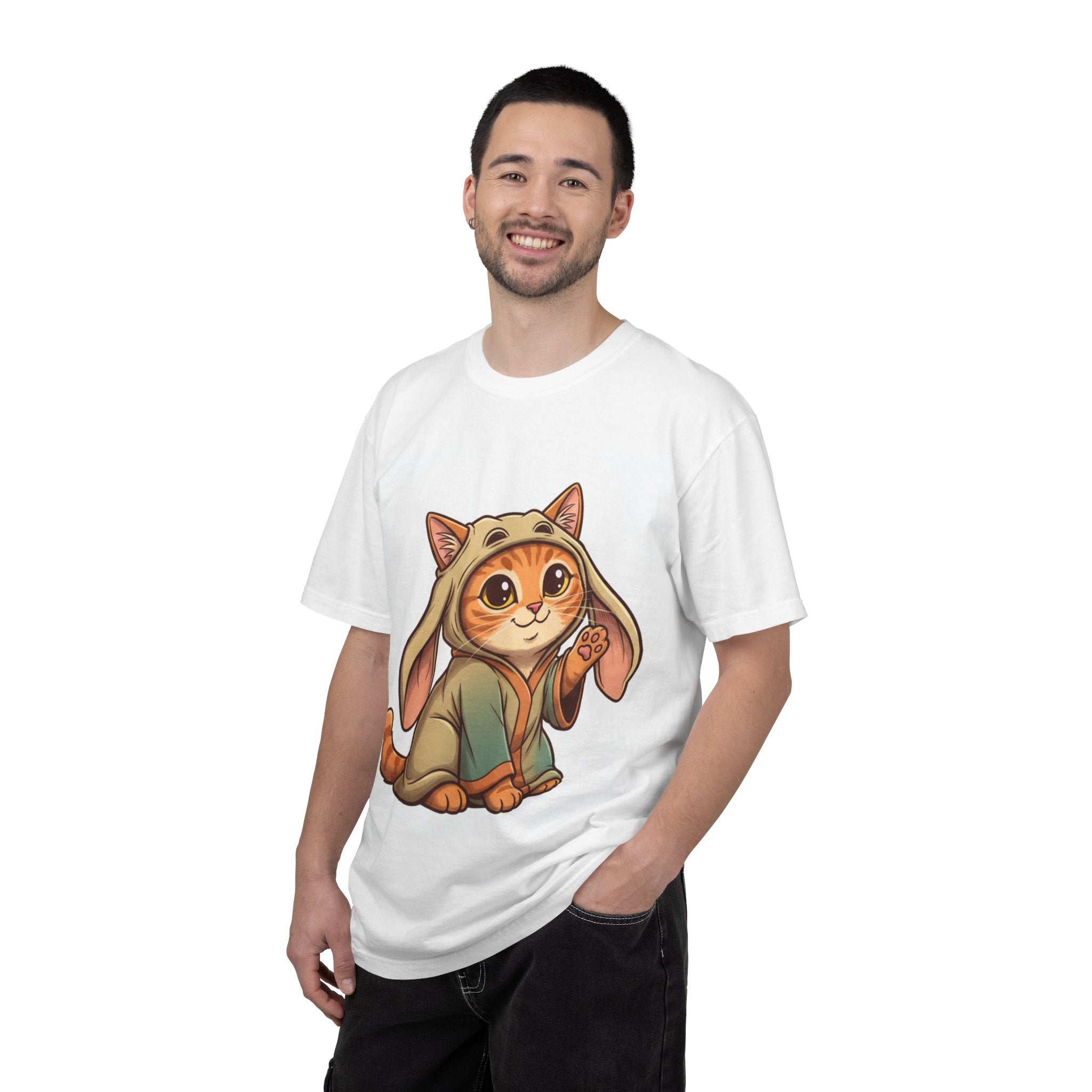 Orange tabby cat wearing a Jar Jar Binks costume on a white t-shirt, modeled by a man standing with hands in pockets.