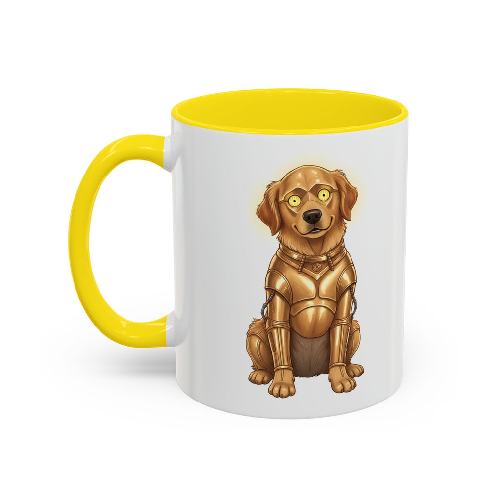 Golden Retriever C-3PO mug with a yellow handle, featuring a cartoon dog in a C-3PO costume.
