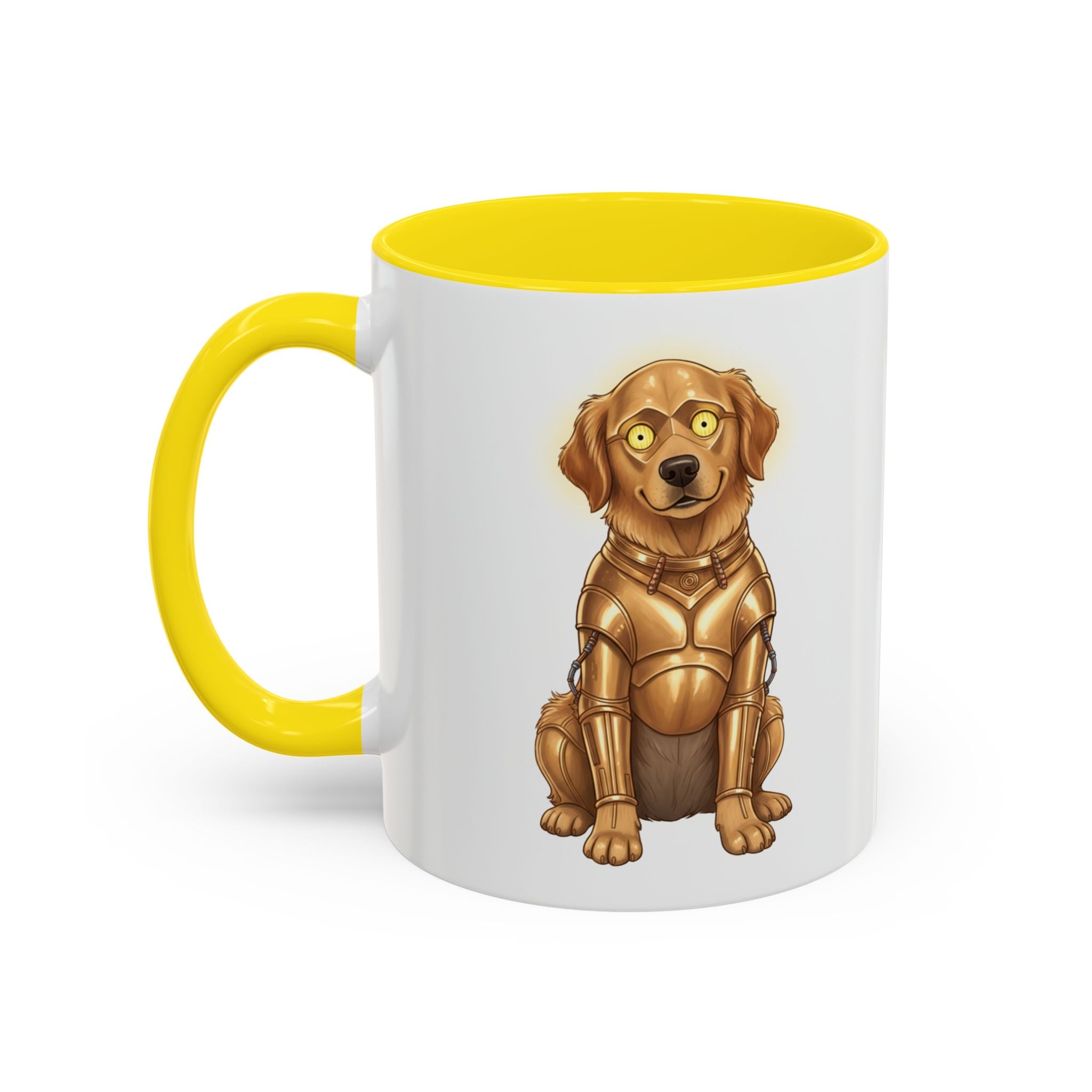 Golden Retriever C-3PO mug with a yellow handle, featuring a cartoon dog in a C-3PO costume.