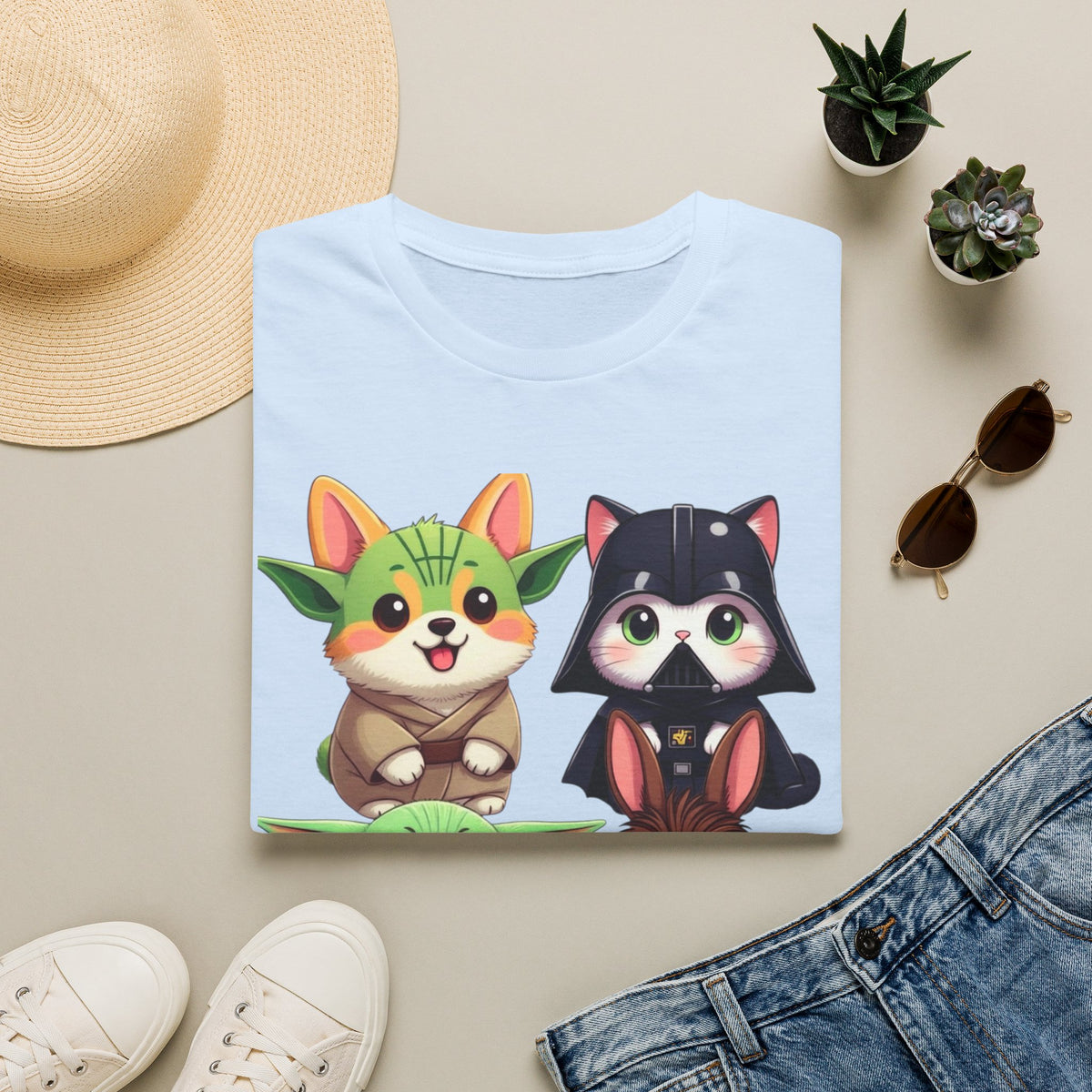 Cute Star Wars Pet Stack T-Shirt — Baby Yoda, Chewie & Droid Cartoon Tee