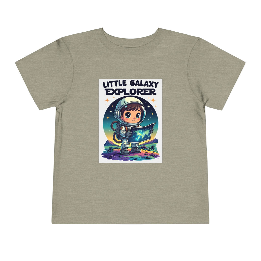 Little Galaxy Explorer kids t-shirt in light gray featuring a cartoon child in a spacesuit holding a star map.
