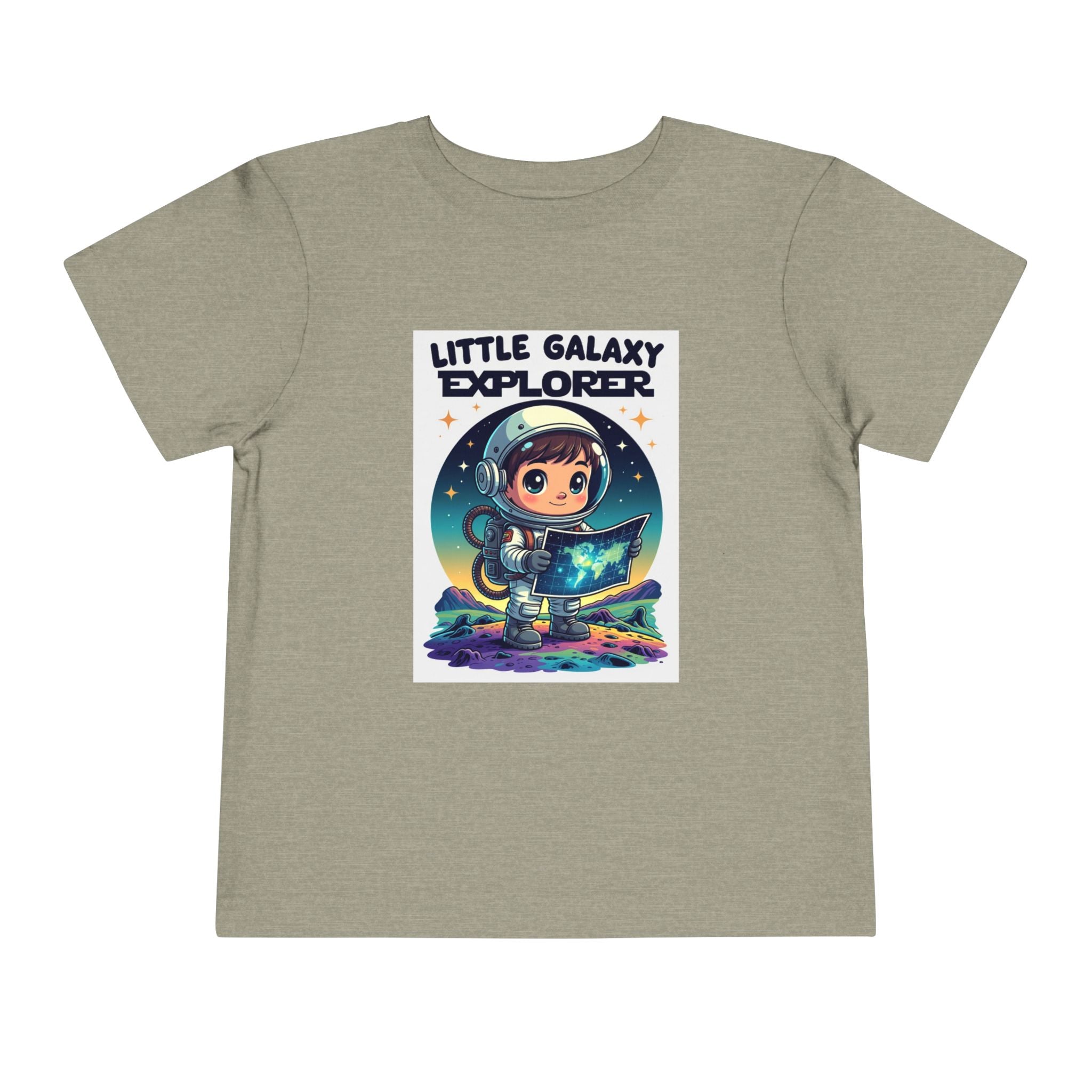 Little Galaxy Explorer kids t-shirt in light gray featuring a cartoon child in a spacesuit holding a star map.