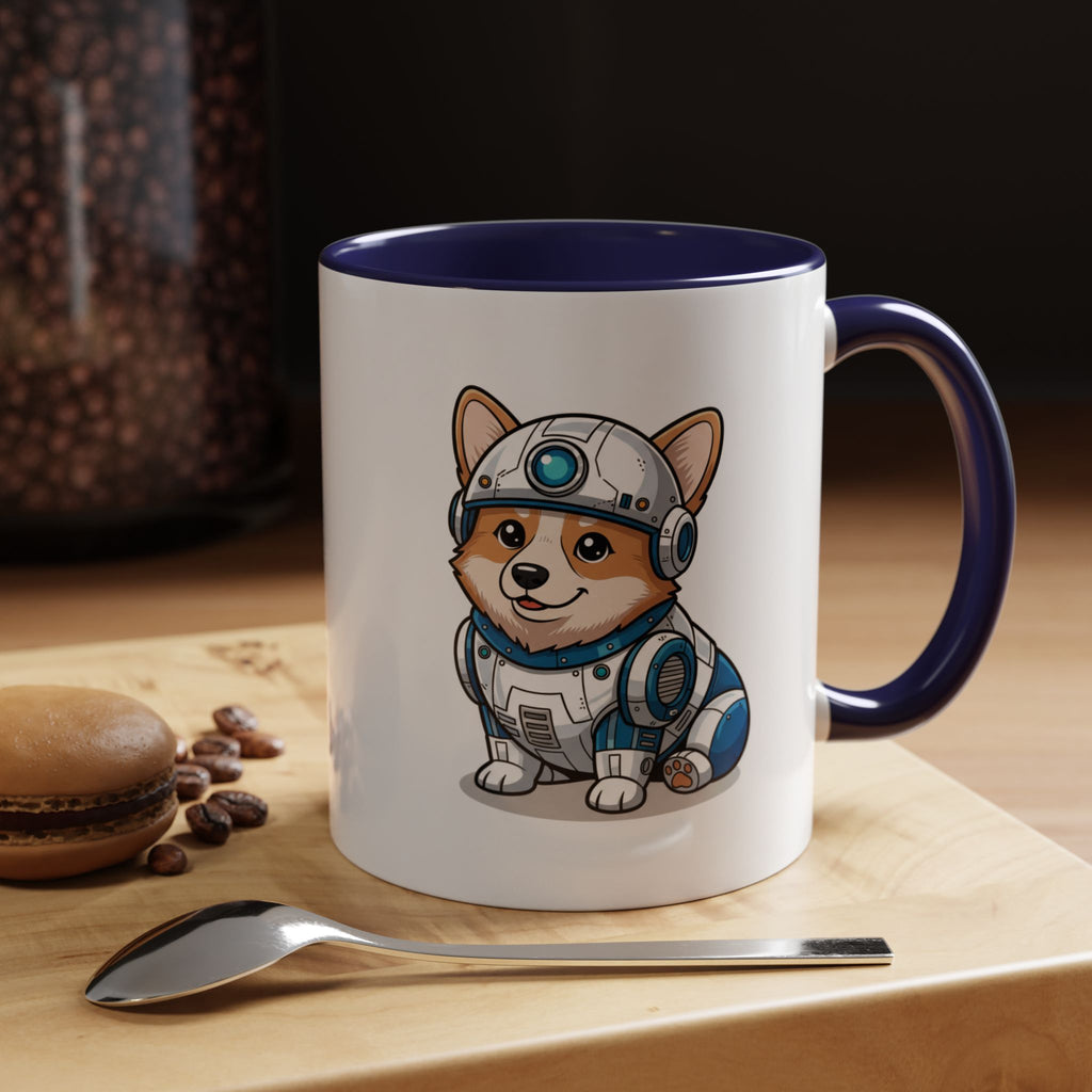 Corgi R2-D2 coffee mug with a blue interior, featuring a cartoon corgi in a droid costume, placed on a wooden surface.