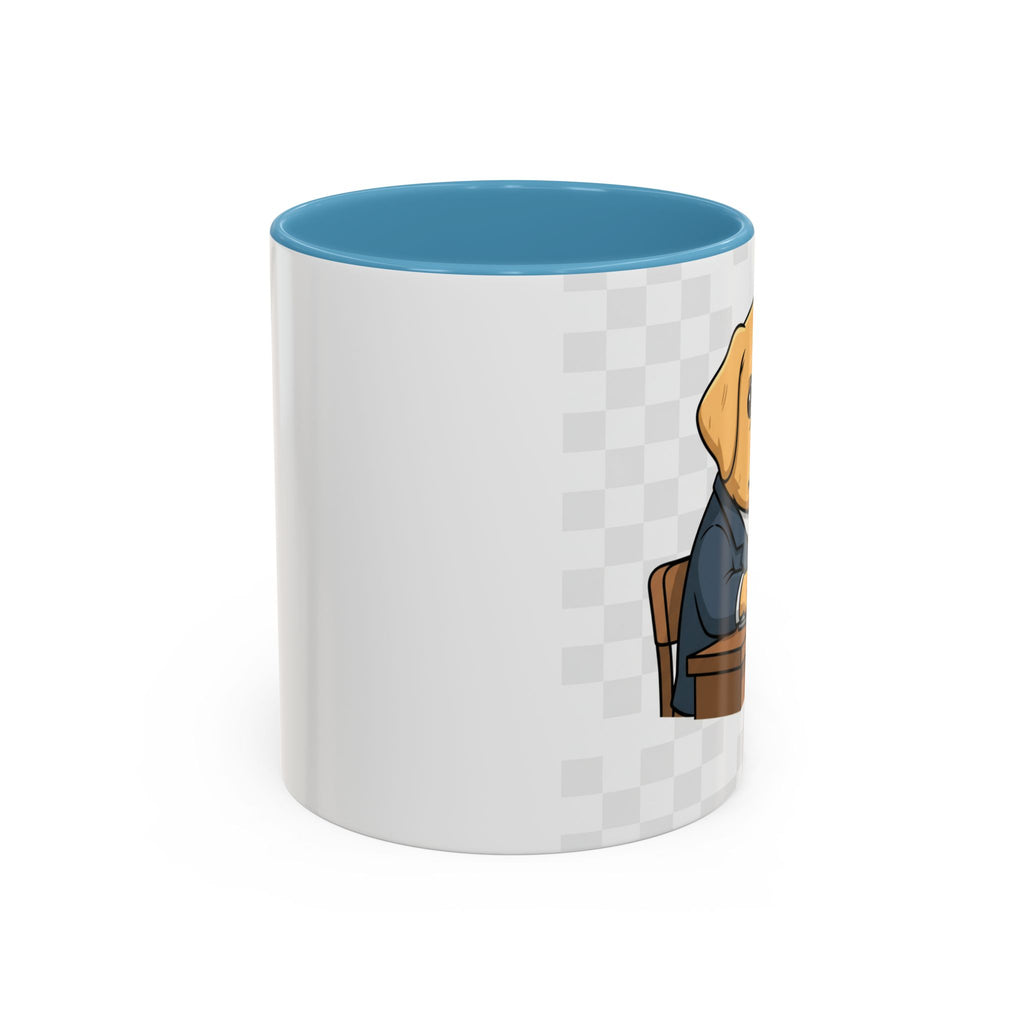 Yellow Lab Boss mug featuring a dog in a suit, with a blue interior and a white exterior.