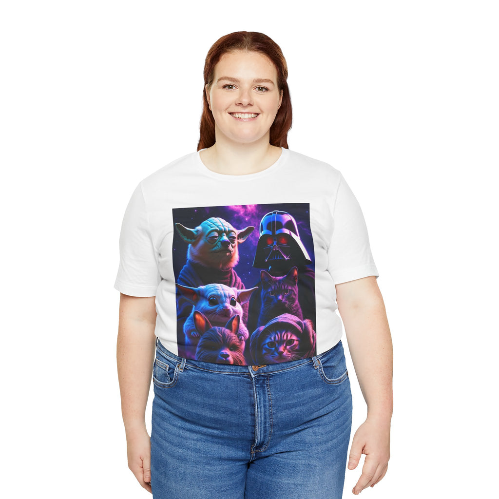 Pawsitive Force T-shirt featuring a graphic of cats and dogs in a galaxy with Star Wars characters.