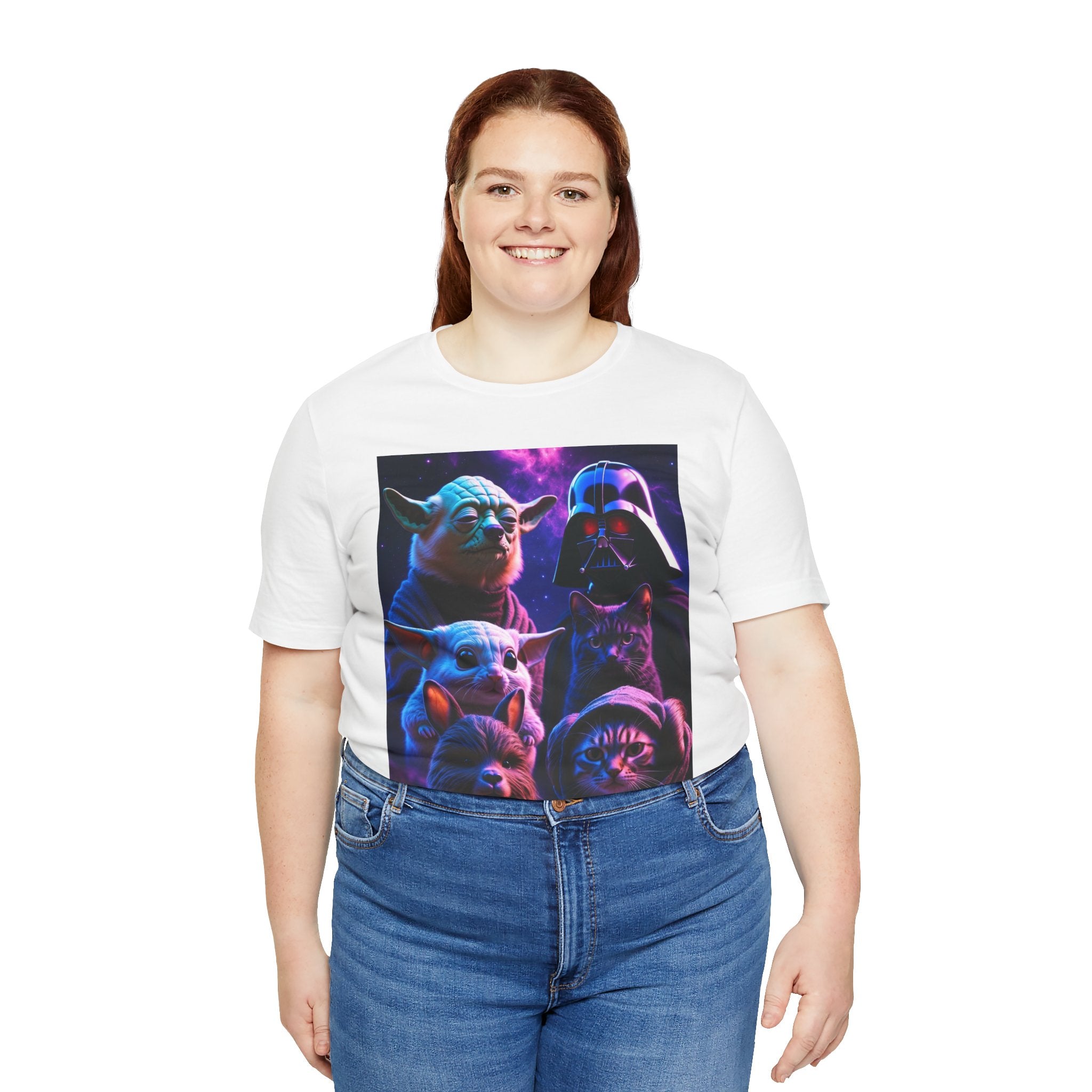 Pawsitive Force T-shirt featuring a graphic of cats and dogs in a galaxy with Star Wars characters.