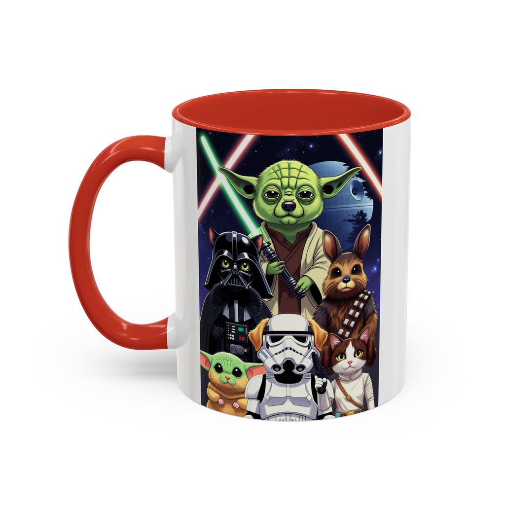 Star Wars Pets coffee mug featuring cats and dogs as characters with a galaxy background and red handle.