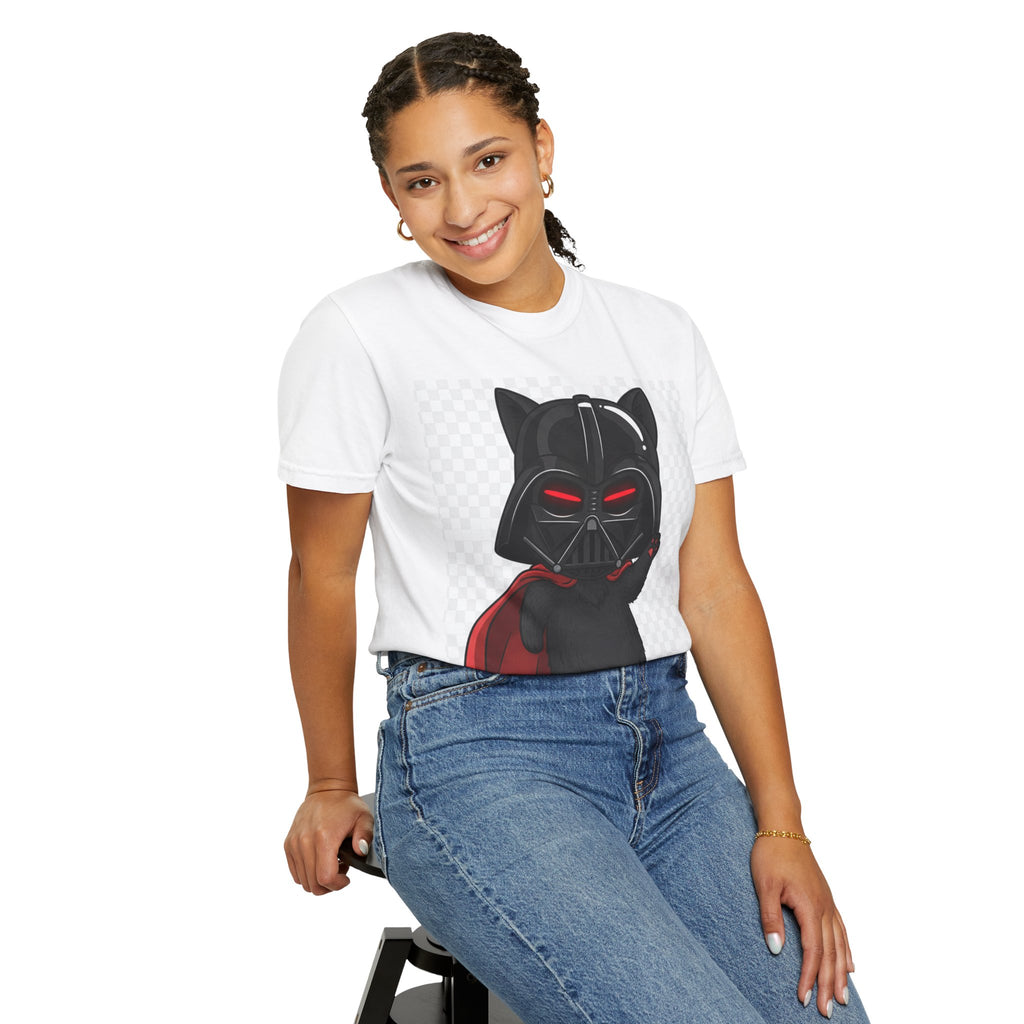 Darth Vader cat graphic t-shirt featuring a black cat in a helmet and cape, worn by a smiling model.