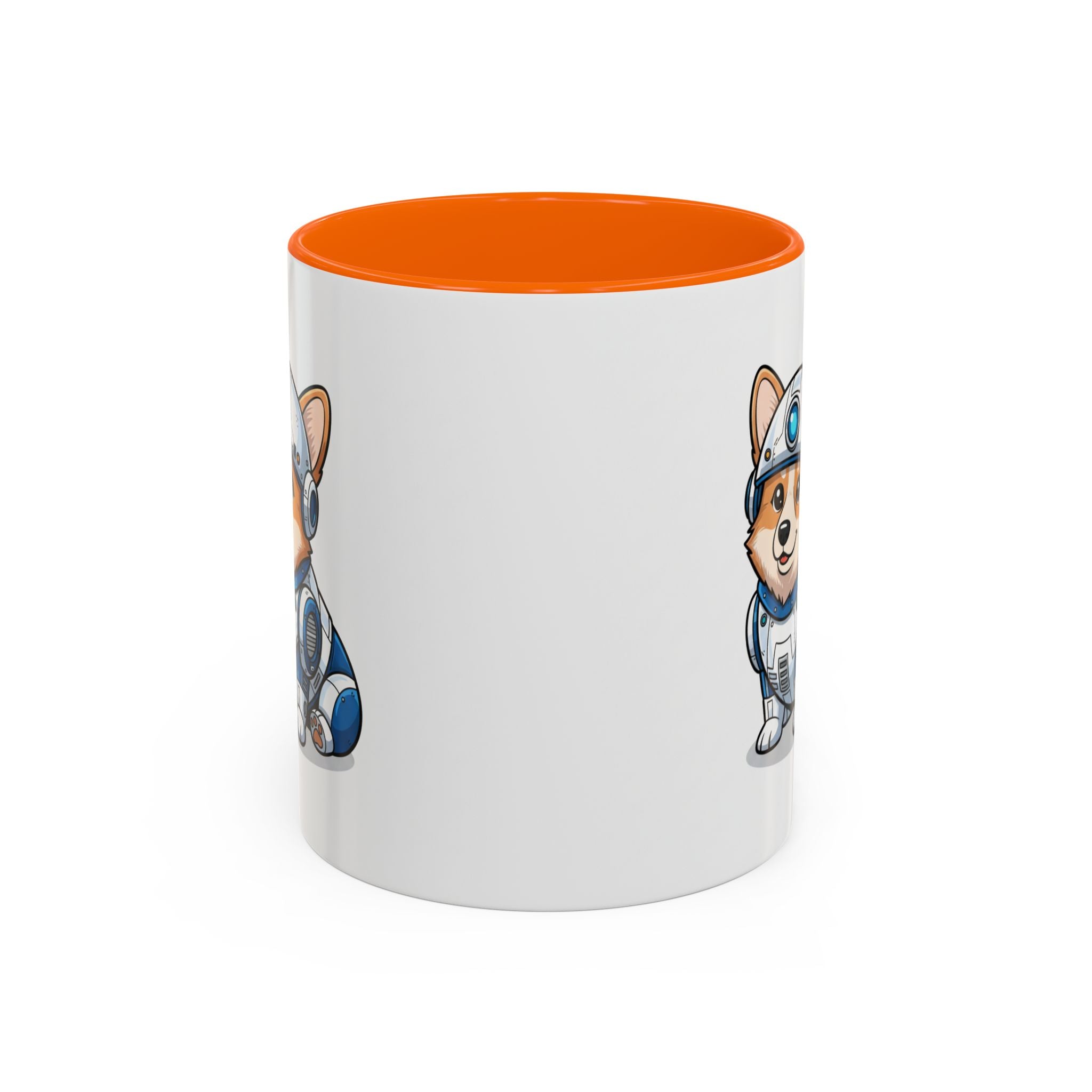 Corgi R2-D2 coffee mug with an orange interior, featuring a cartoon corgi in a droid costume on a white background.