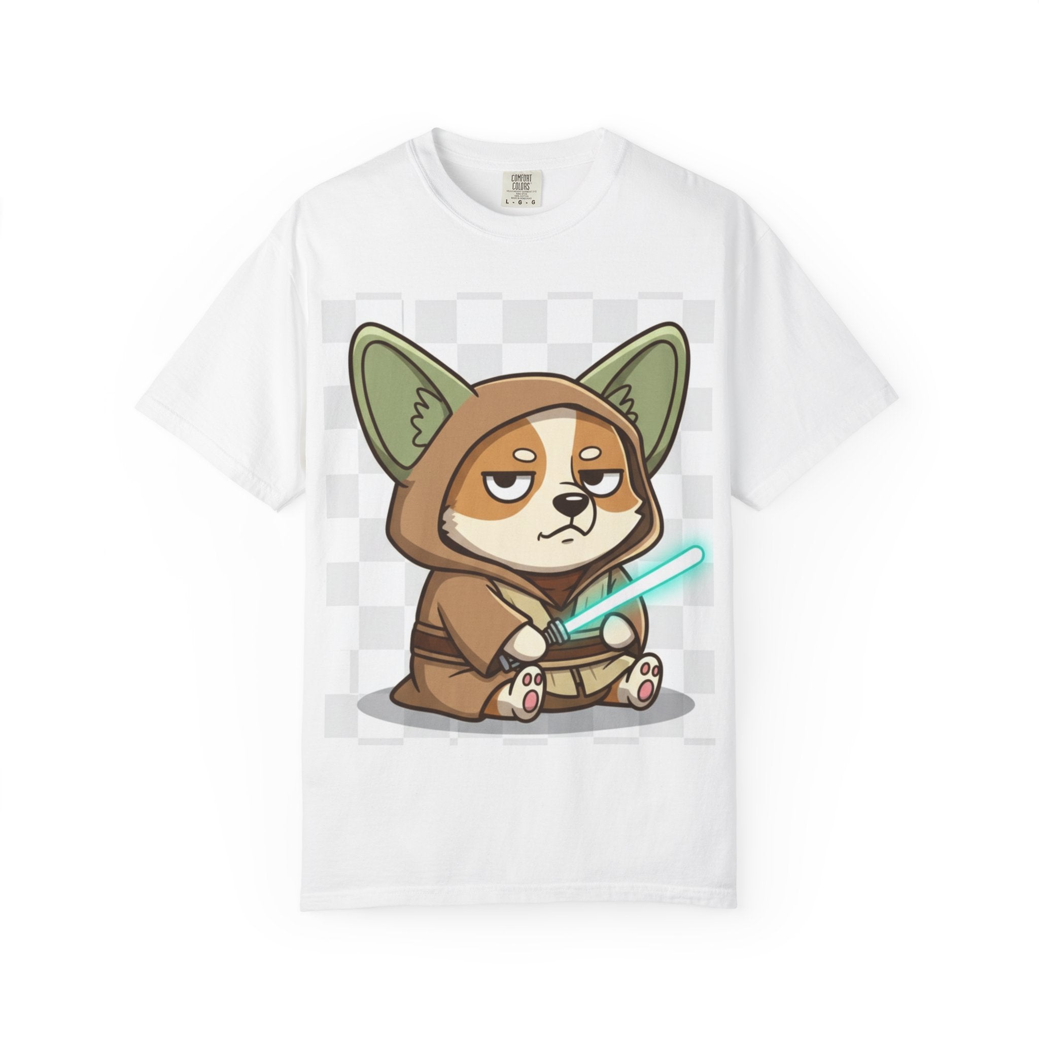 Corgi Yoda T-Shirt — Cute Grumpy Corgi Dressed as Yoda with Tiny Lightsaber