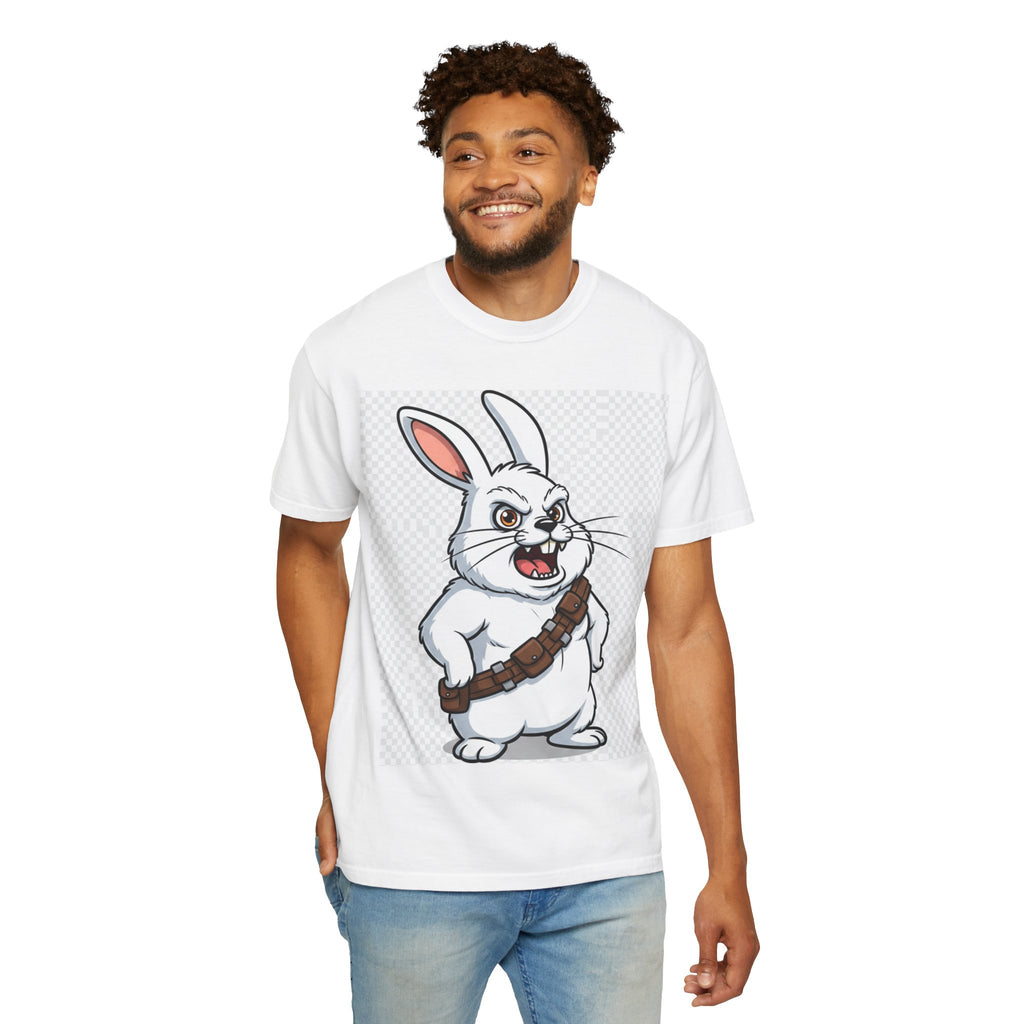 Chewbacca bunny t-shirt featuring a cartoon rabbit with a bandolier on a white background.