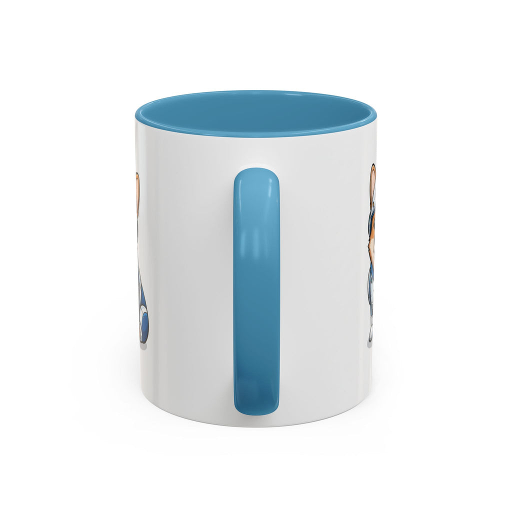 Corgi R2-D2 coffee mug with a blue handle and interior, featuring a playful dog design on a white background.