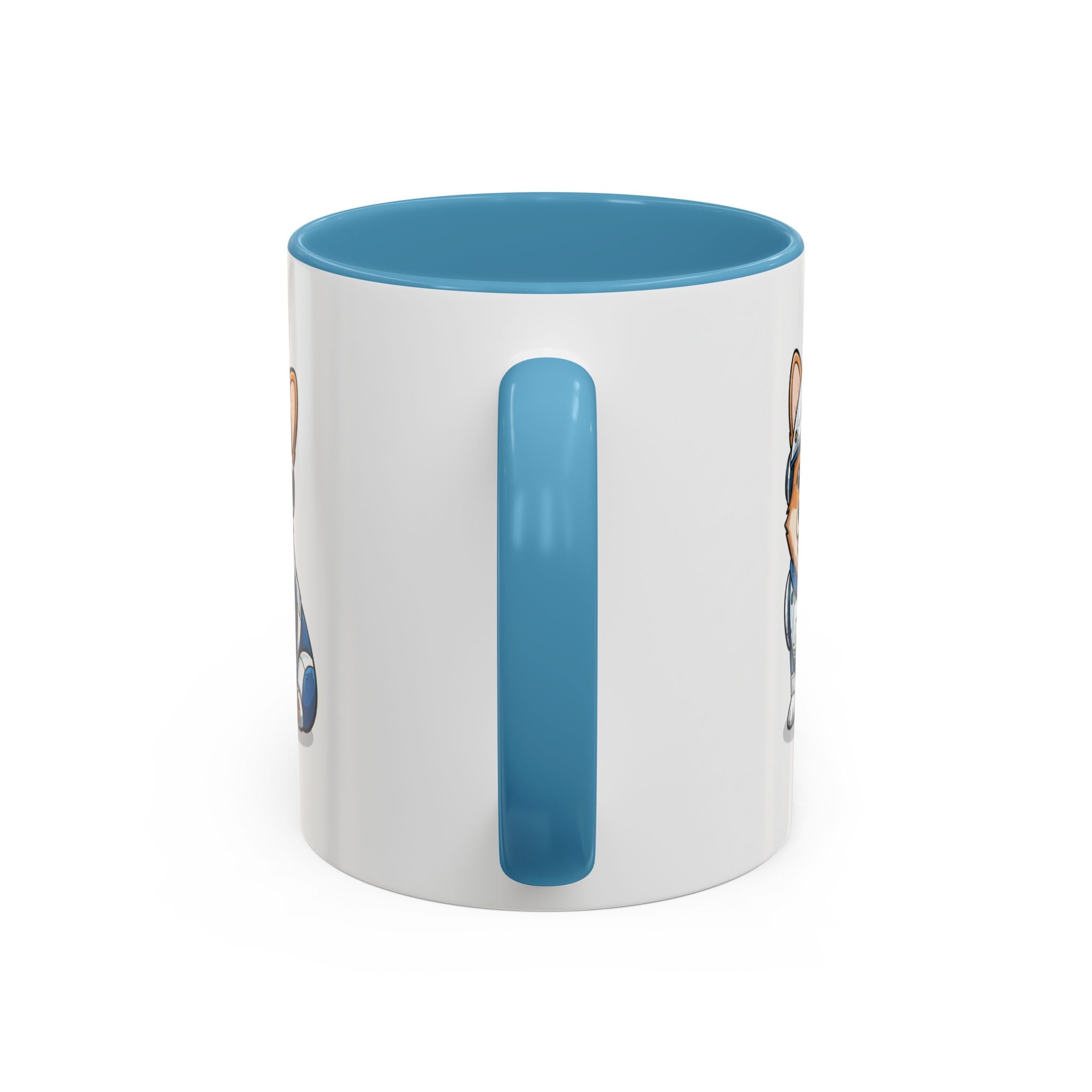 Corgi R2-D2 coffee mug with a blue handle and interior, featuring a playful dog design on a white background.