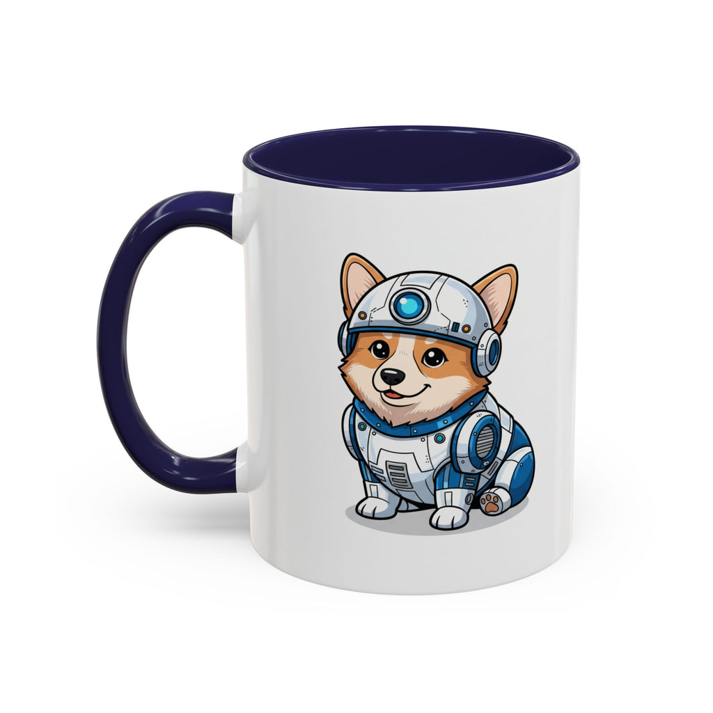 Corgi R2-D2 coffee mug with a blue interior, featuring a cartoon corgi in a droid costume.