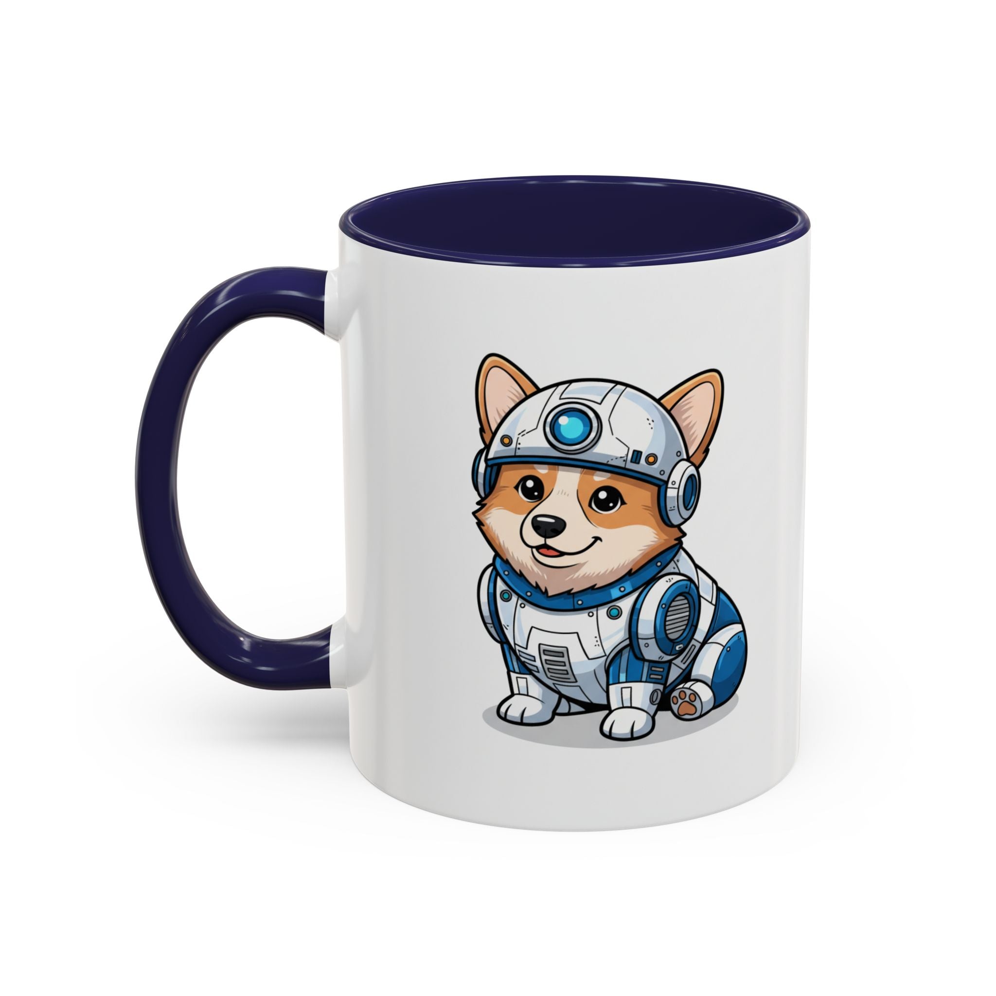 Corgi R2-D2 coffee mug with a blue interior, featuring a cartoon corgi in a droid costume.
