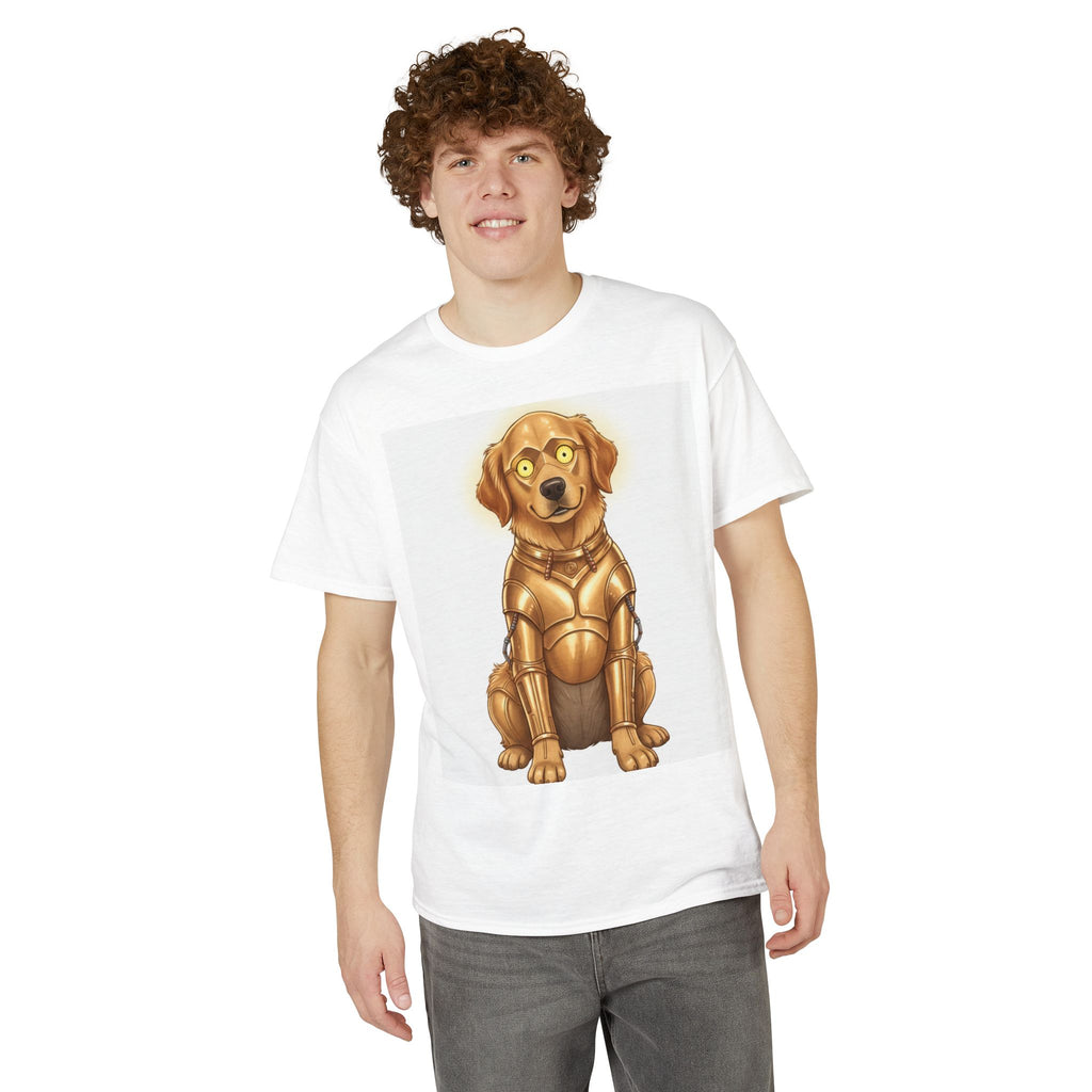 Golden Retriever C-3PO dog t-shirt in white, featuring a cartoon dog dressed as the Star Wars droid, worn by a model.