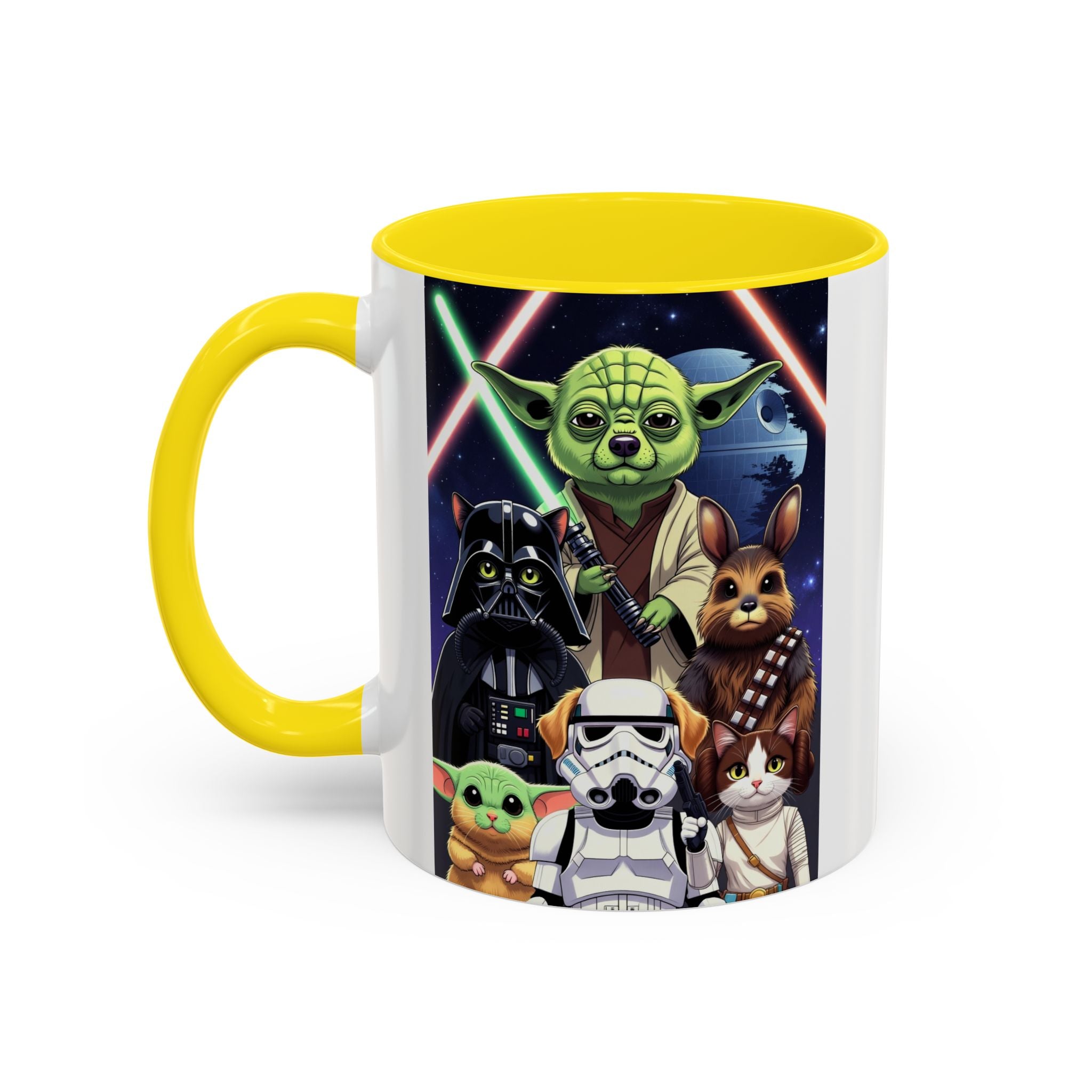 Star Wars Pets coffee mug featuring cats and dogs in galaxy design with yellow handle and interior.