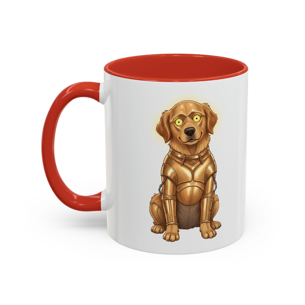 Golden Retriever C-3PO mug with a red handle, featuring a cartoon dog in a gold robot costume.