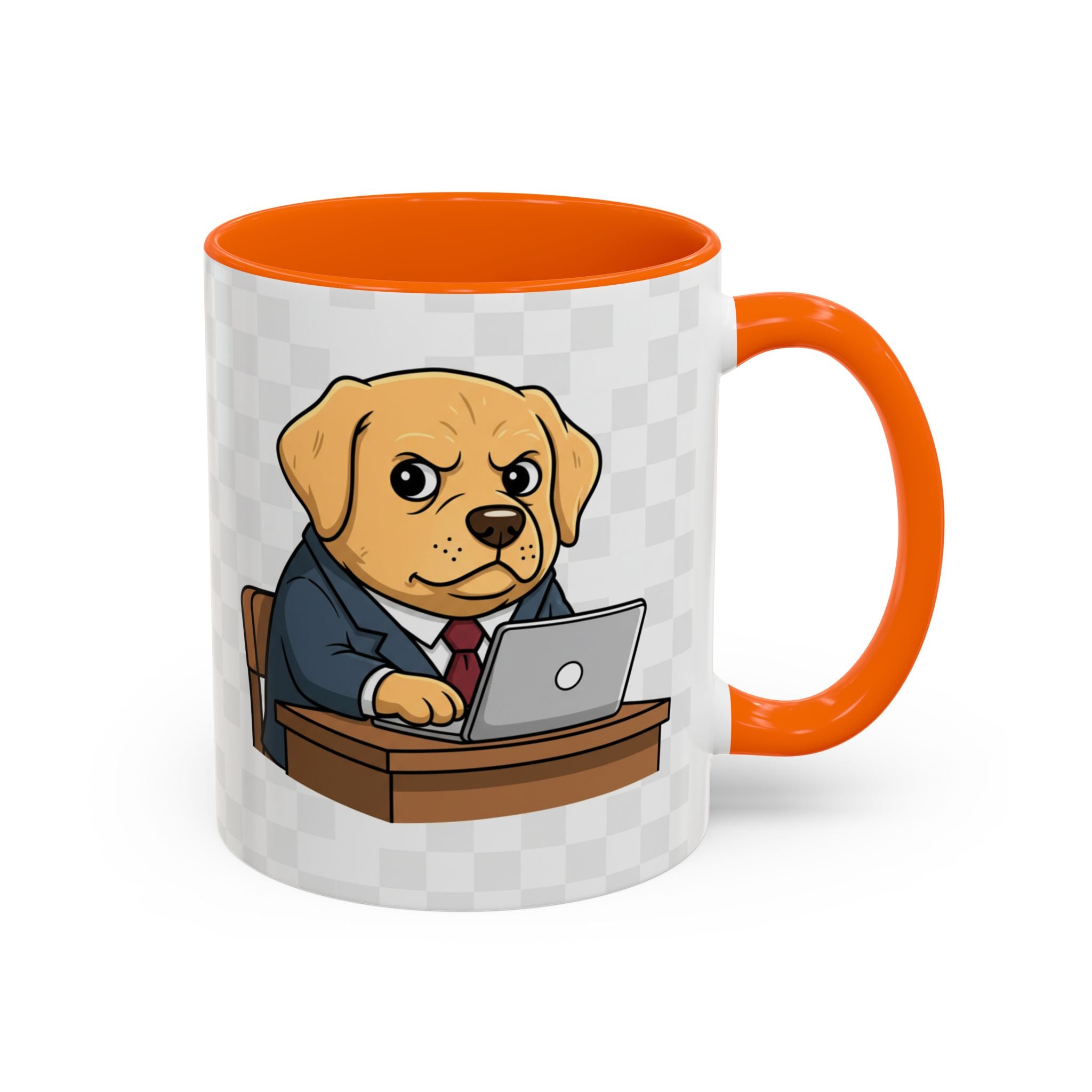 Yellow Lab Boss mug featuring a cartoon dog in a suit, seated at a desk with a laptop, orange handle and interior.