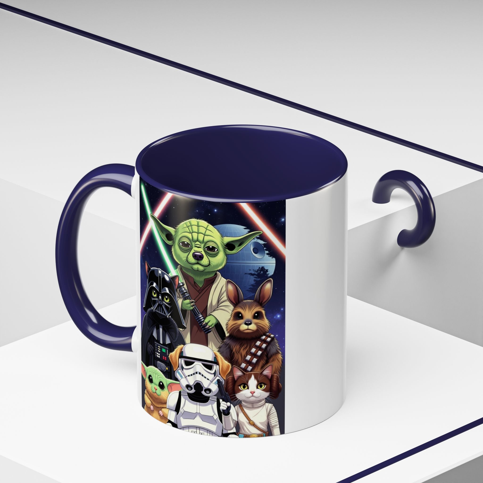 Star Wars Pets coffee mug featuring cartoon cats and dogs with Yoda, Darth Vader, and a galaxy background.