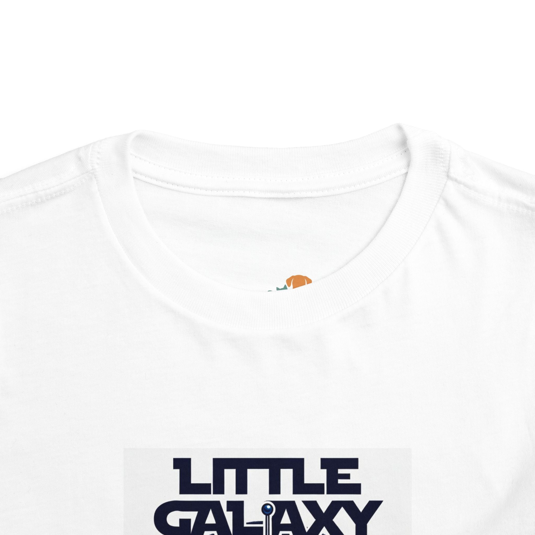 White kids t-shirt featuring "Little Galaxy Droid" text and a cute robot graphic, suitable for boys and girls.