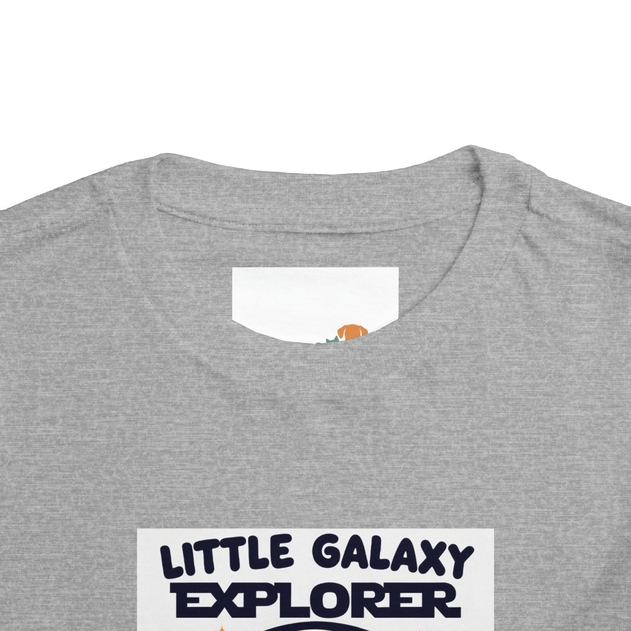 Gray kids' t-shirt featuring "Little Galaxy Explorer" text in navy blue, designed for space-themed adventures.