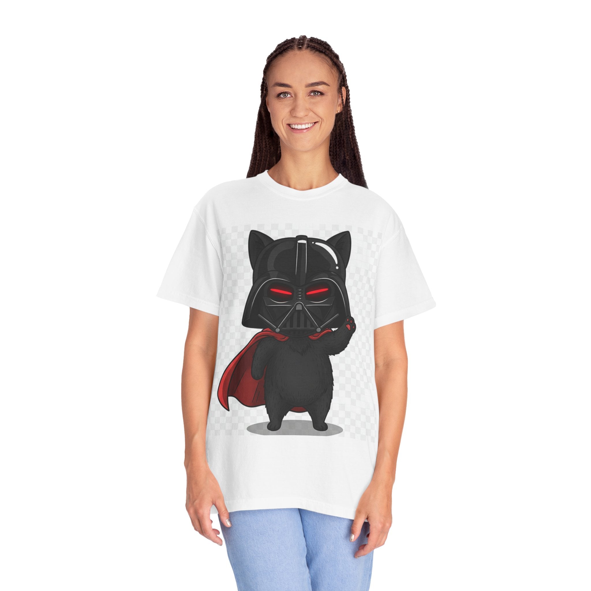 White graphic t-shirt featuring a cartoon black cat dressed as Darth Vader with a red cape.