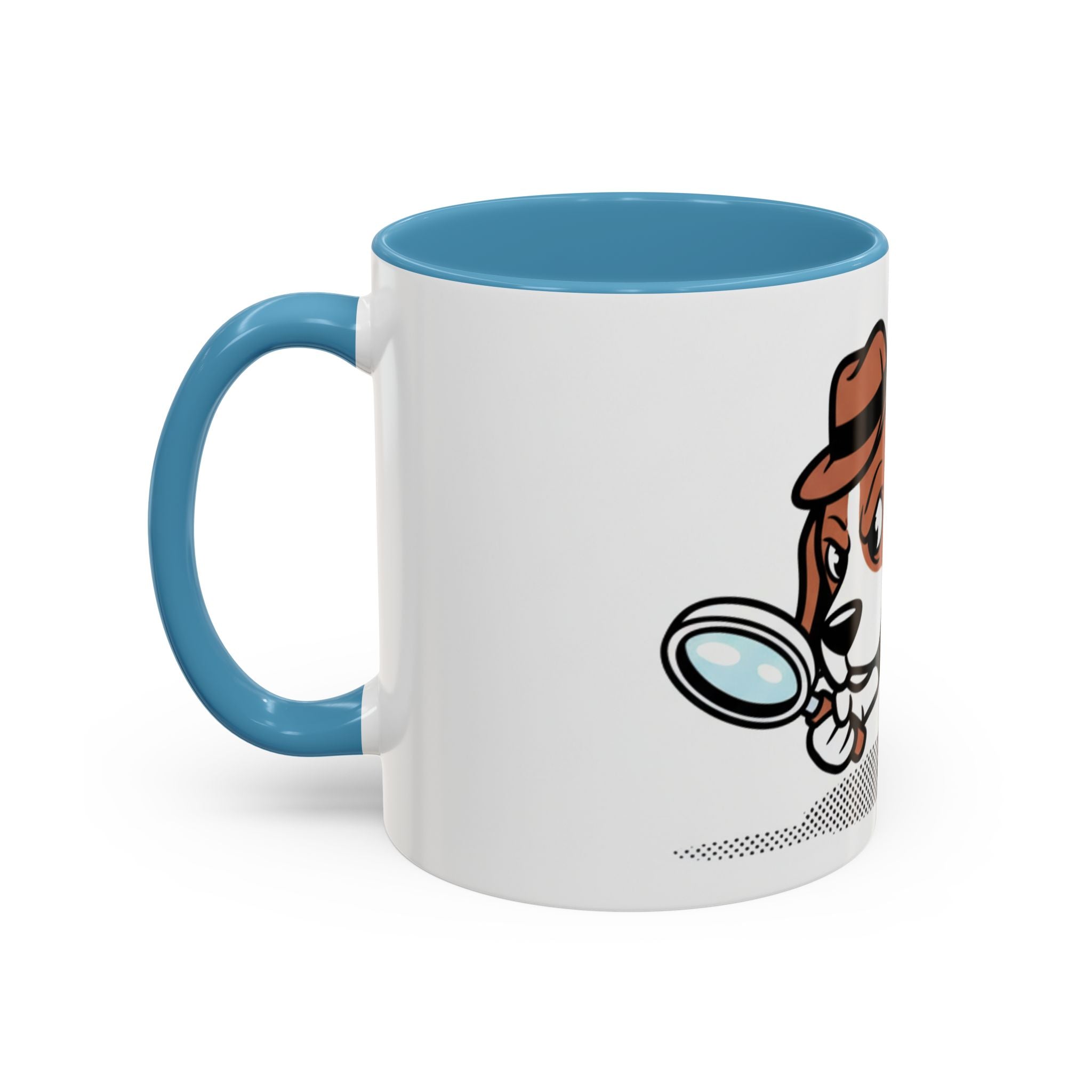 Detective Beagle mug featuring a cartoon dog with a magnifying glass and a blue handle.
