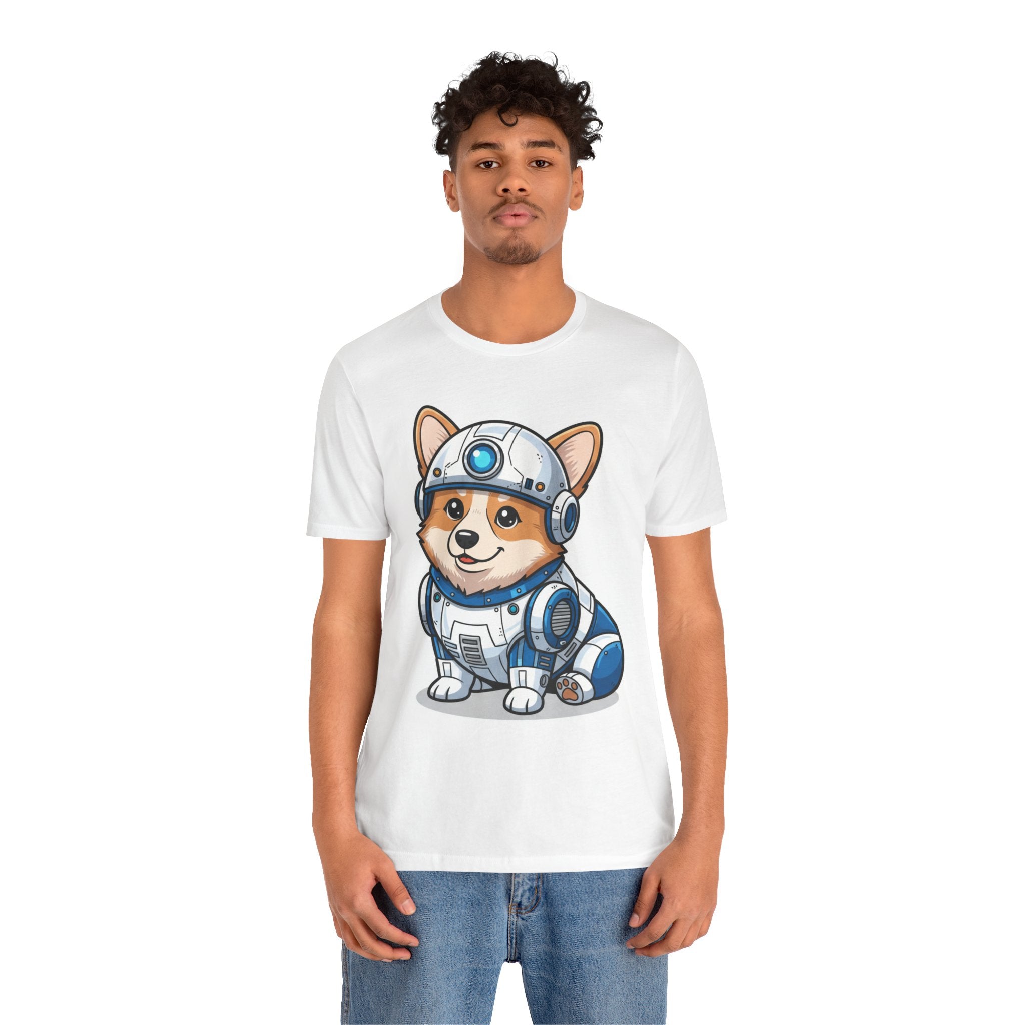 Corgi wearing R2-D2 costume on a white t-shirt, featuring a cartoon design and short sleeves.