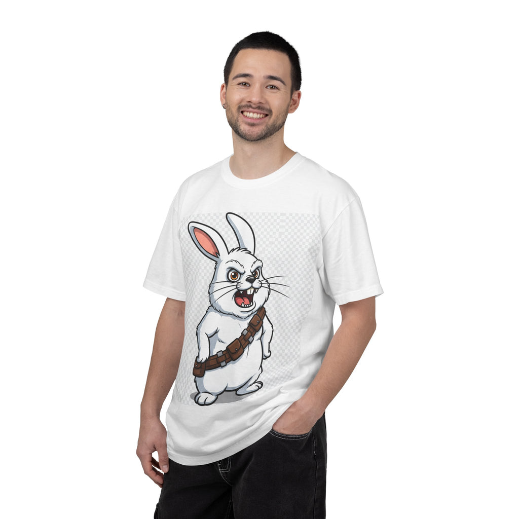 Chewbacca bunny t-shirt featuring a cartoon rabbit with a bandolier on a white background, worn by a model.