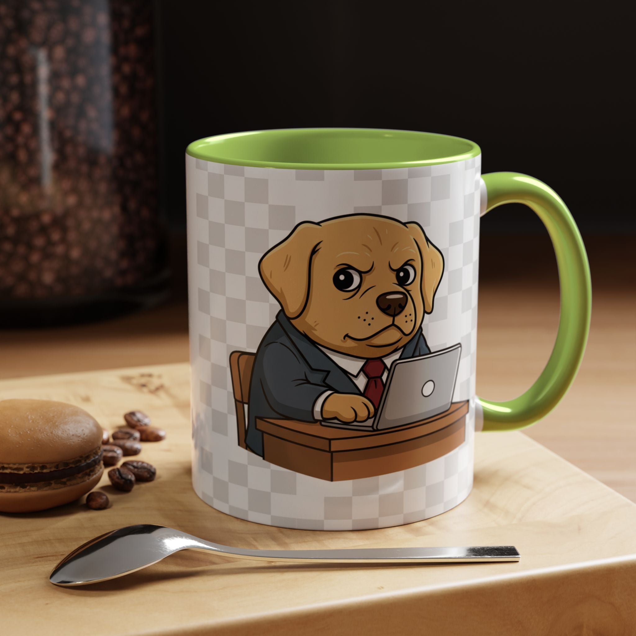 Yellow Lab Boss Mug featuring a cartoon dog in a suit at a desk with a laptop, green handle, and white background.