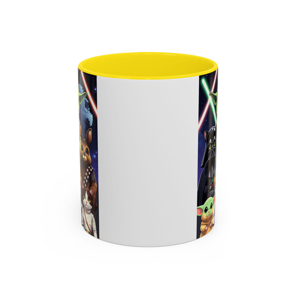 Star Wars Pets coffee mug featuring a galaxy design with cats and dogs, yellow interior, and colorful character illustrati...