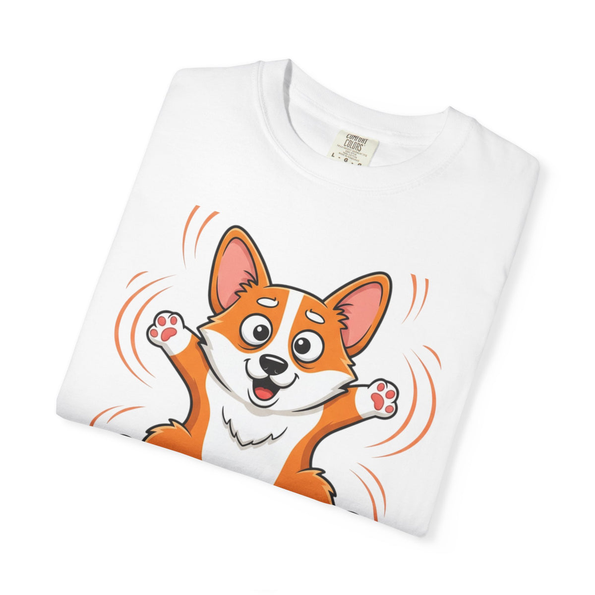 Corgi Jumping on Couch T-Shirt — Cute Dog Graphic Tee for Pet Lovers