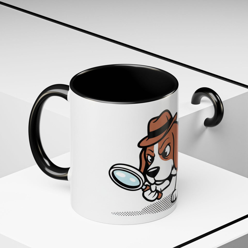 Detective Beagle mug featuring a cartoon dog with a magnifying glass and a brown hat, black handle, and white body.