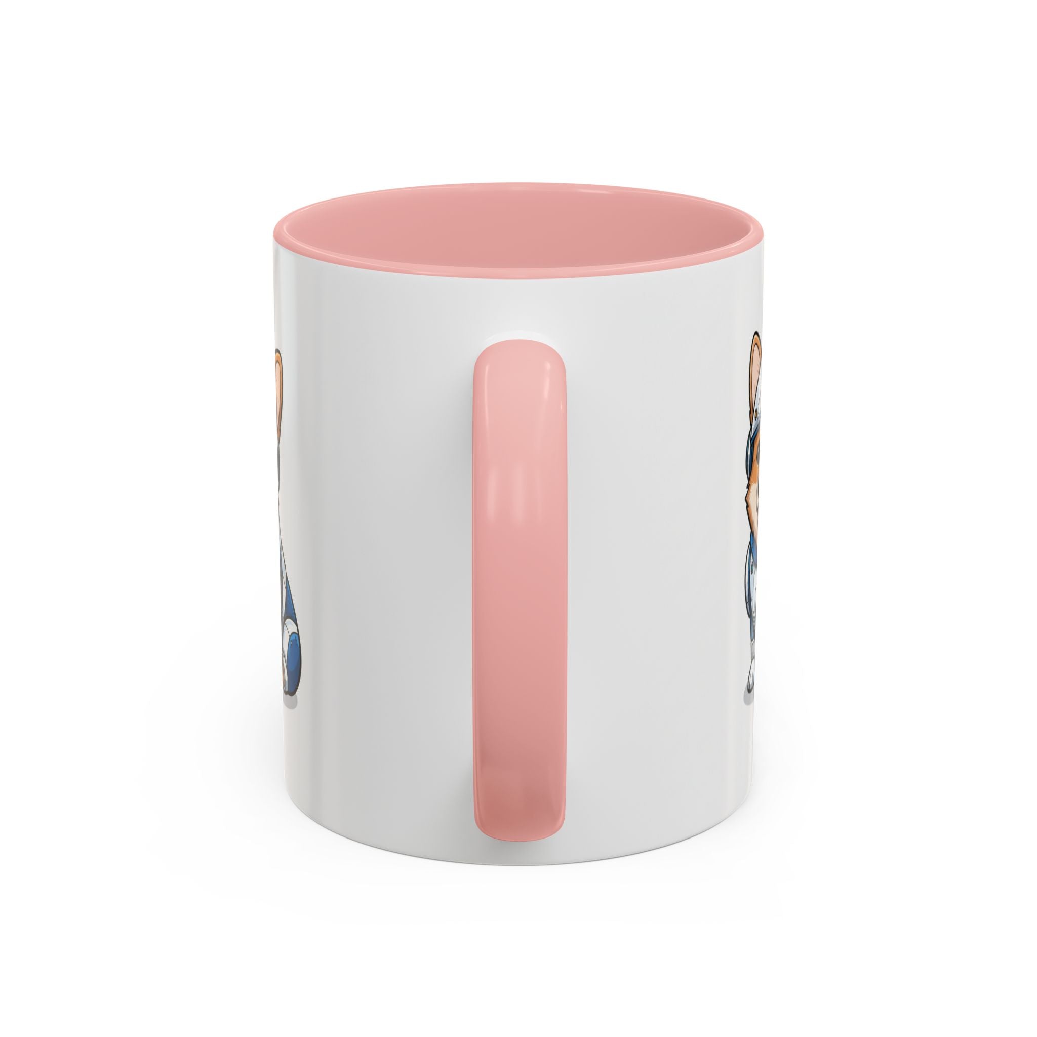 Corgi R2-D2 coffee mug with a pink handle, featuring a cartoon corgi design on a white background.