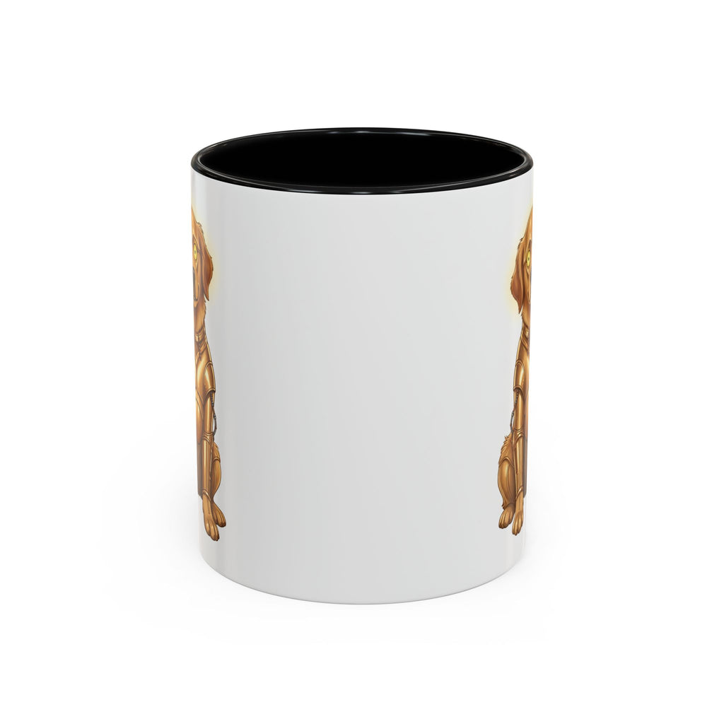 Golden Retriever C-3PO mug featuring a golden dog design on a white background with a black interior.
