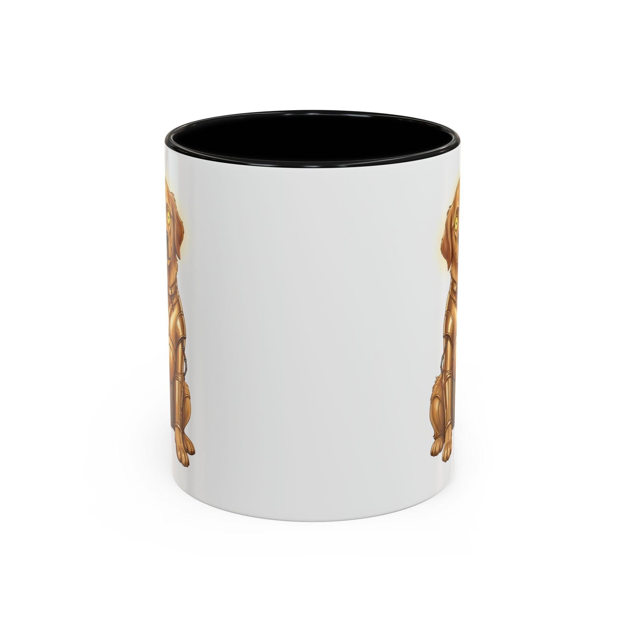 Golden Retriever C-3PO mug featuring a golden dog design on a white background with a black interior.