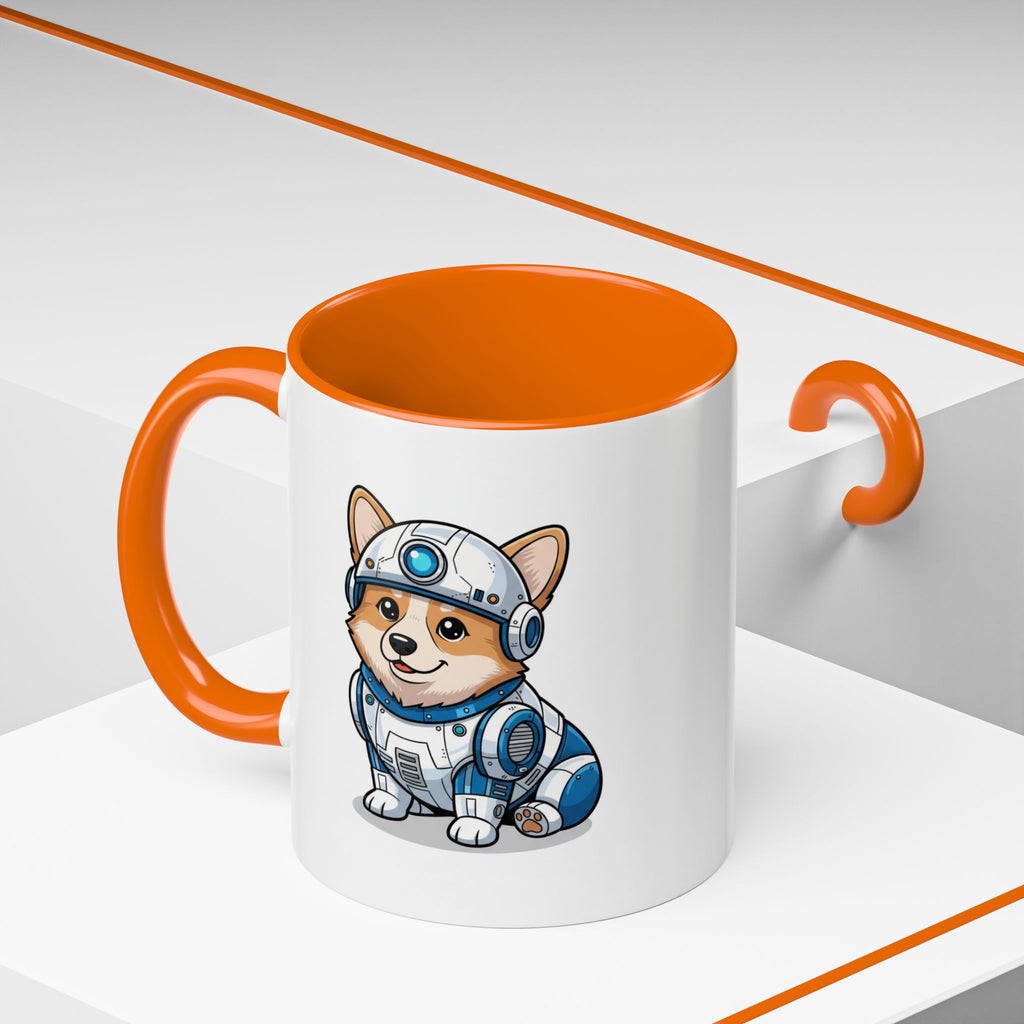 Corgi R2-D2 coffee mug with an orange handle, featuring a cartoon corgi in a robot outfit.