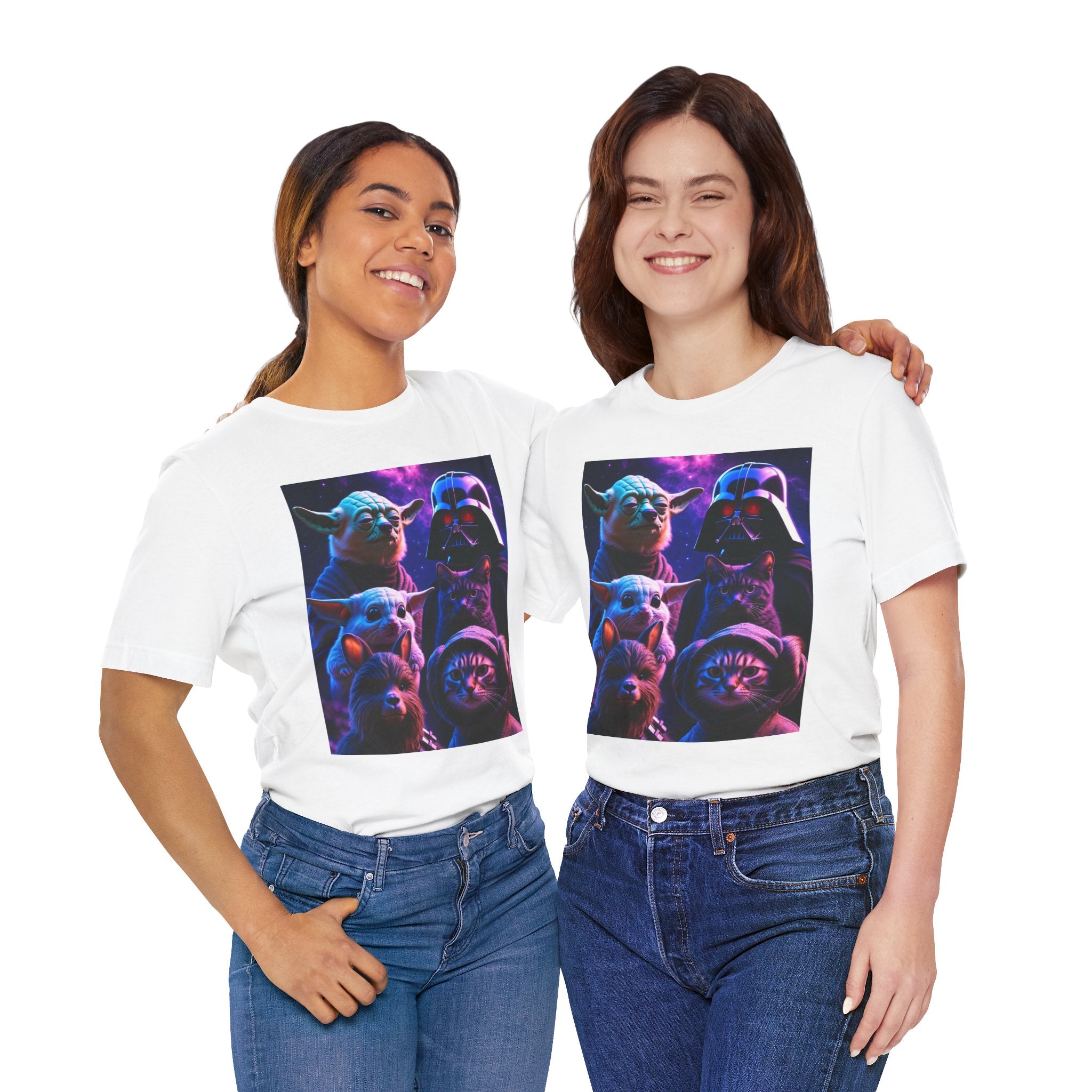 White Pawsitive Force T-shirt featuring a cat and dog galaxy graphic, worn by two smiling women.