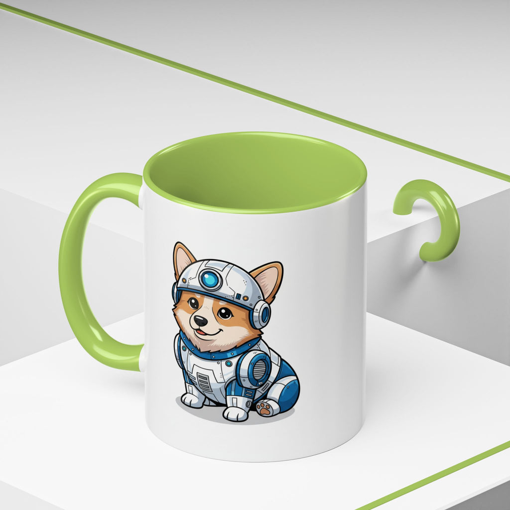 Corgi R2-D2 coffee mug with a green handle, featuring a cartoon corgi in a blue and white robot outfit.