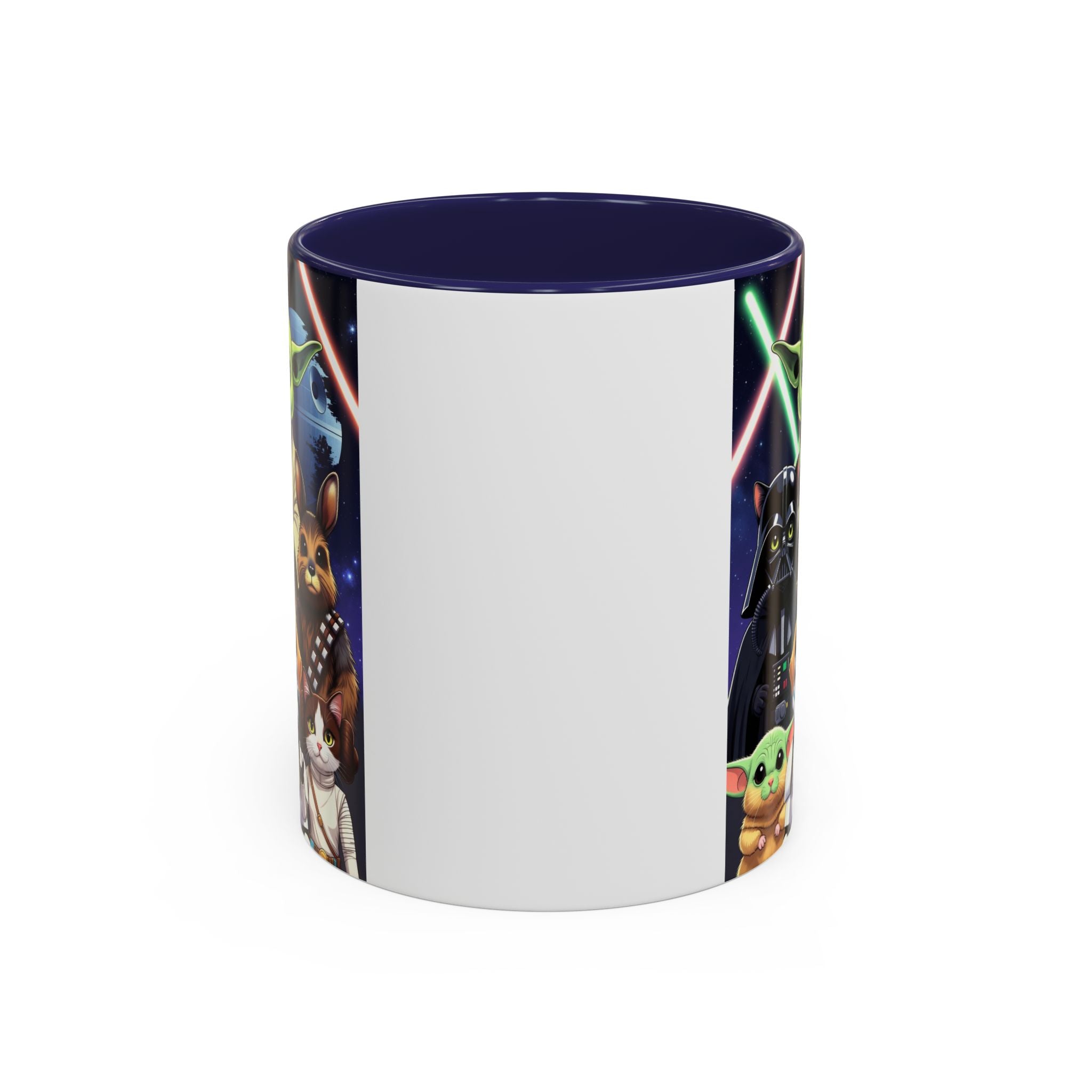 Star Wars Pets coffee mug featuring a galaxy design with cats and dogs, dark blue interior, and colorful character illustr...