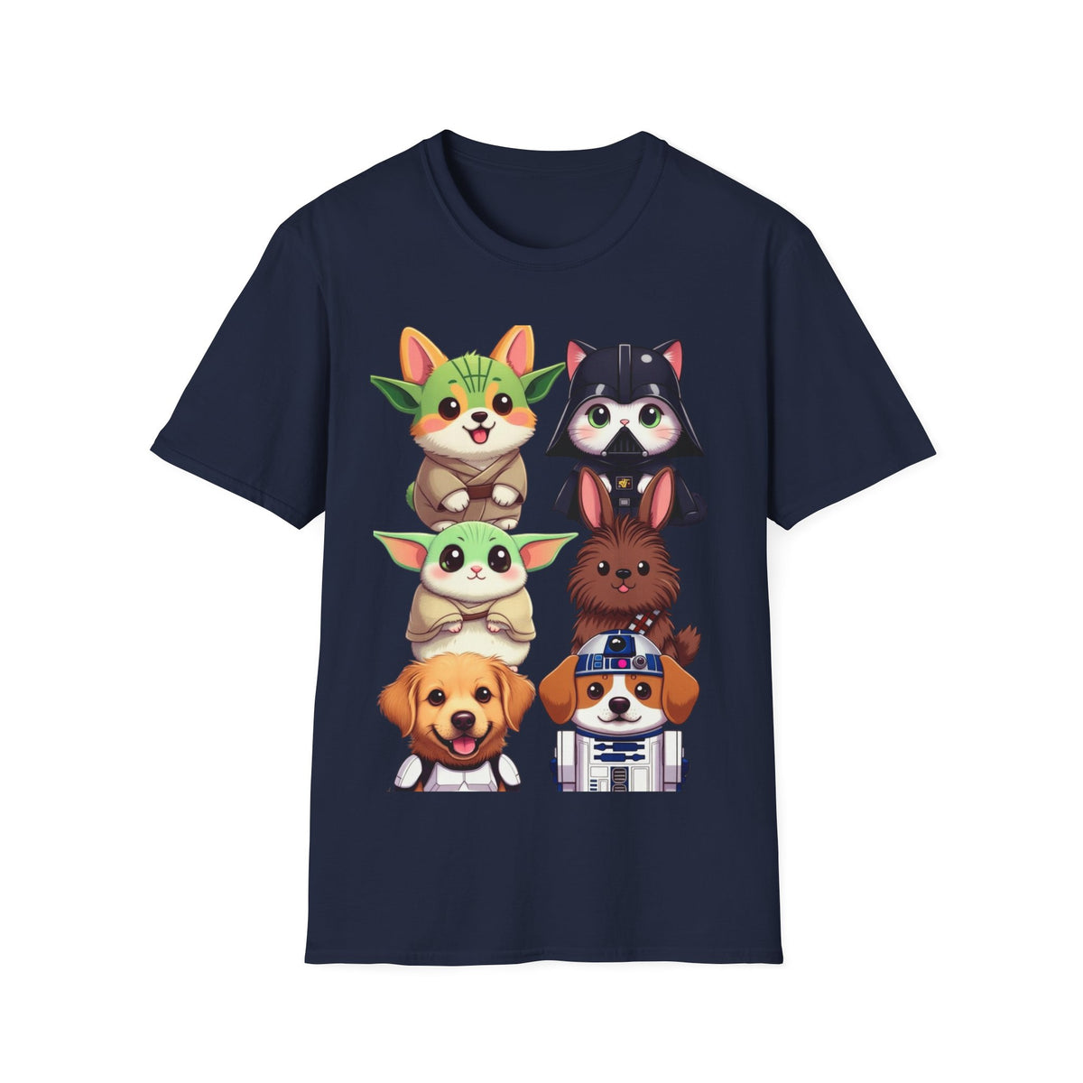 Cute Star Wars Pet Stack T-Shirt — Baby Yoda, Chewie & Droid Cartoon Tee
