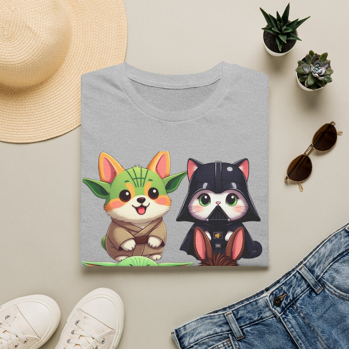 Cute Star Wars Pet Stack T-Shirt — Baby Yoda, Chewie & Droid Cartoon Tee