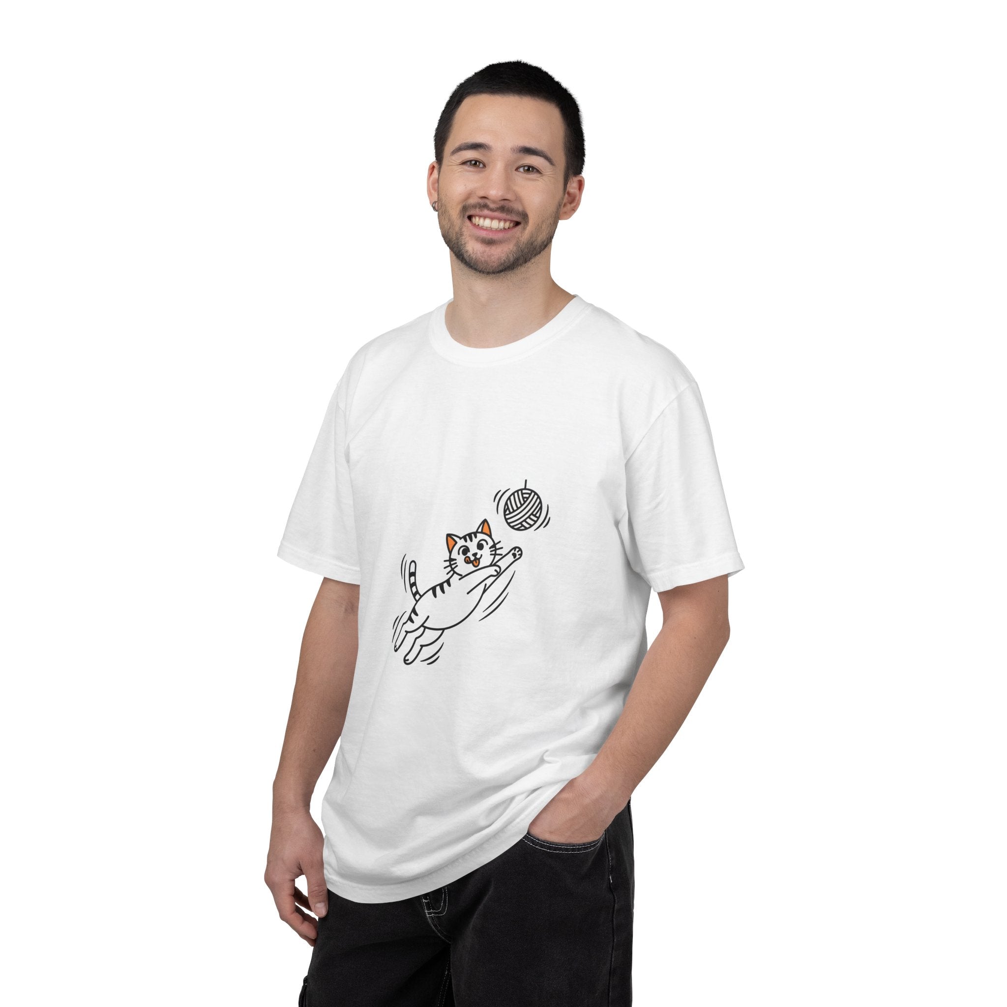 Tabby Cat Jumping T-Shirt — Playful Minimalist Line Art
