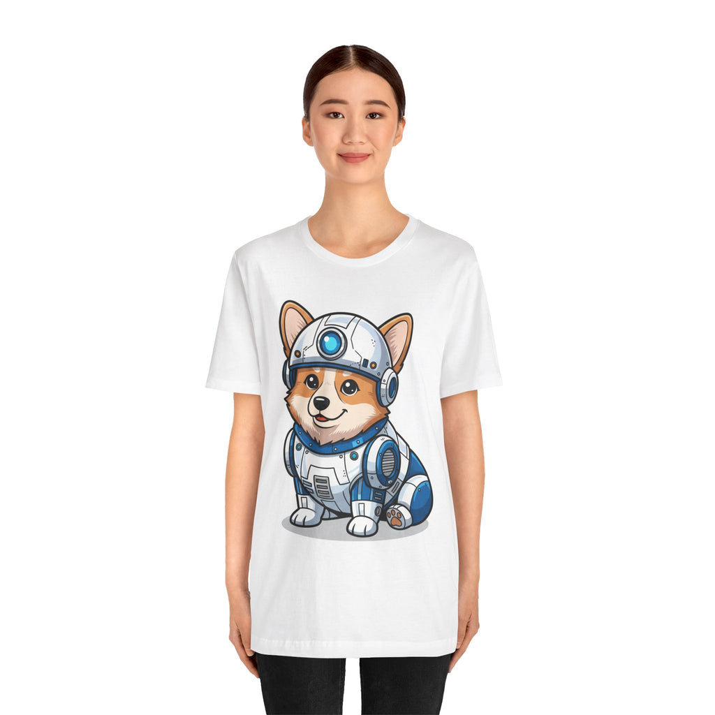 Corgi wearing an R2-D2 costume on a white t-shirt, featuring a cartoon design and vibrant colors.
